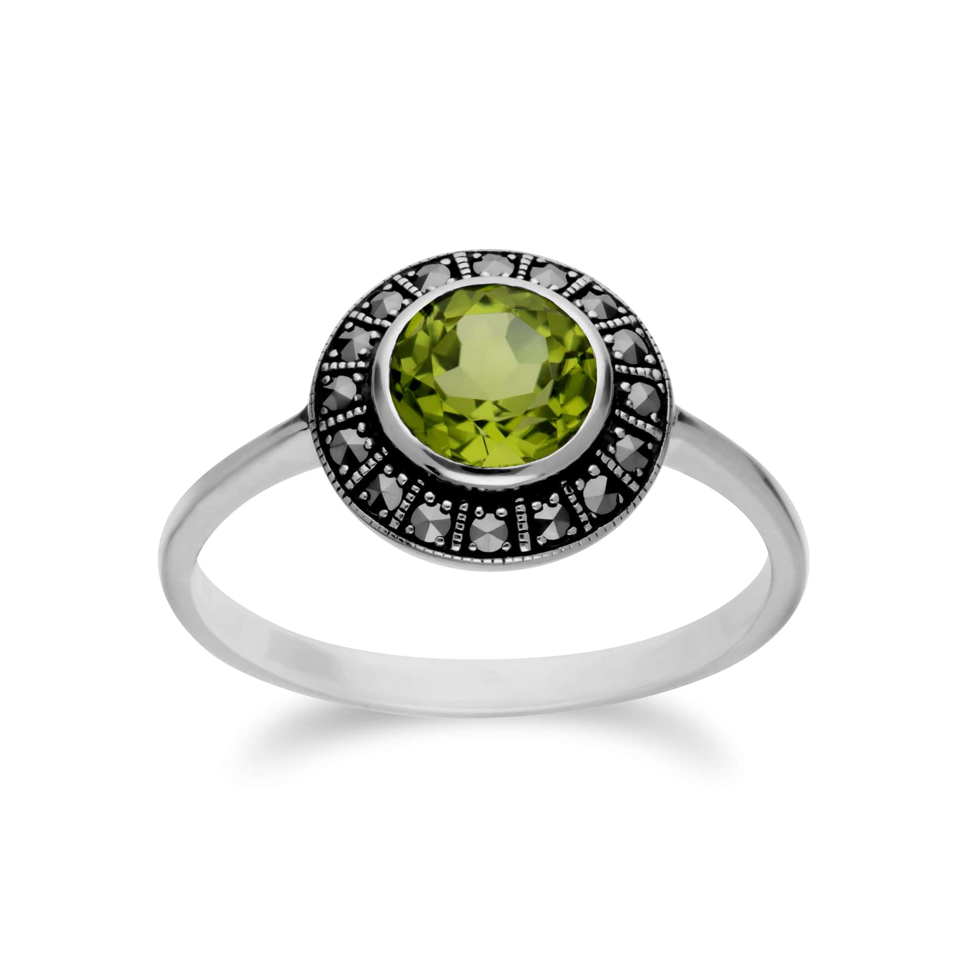 214R605604925 Art Deco Style Round Peridot & Marcasite Halo Ring in 925 Sterling Silver 1