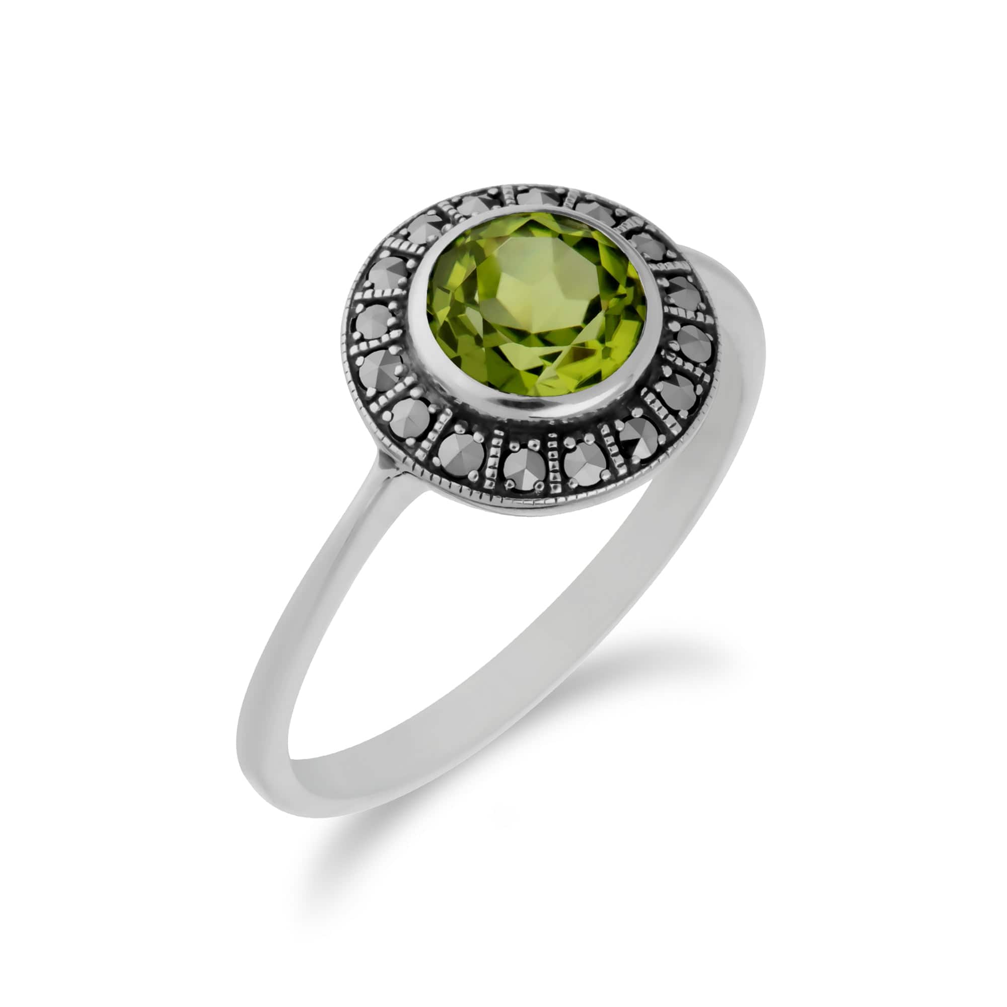 214R605604925 Art Deco Style Round Peridot & Marcasite Halo Ring in 925 Sterling Silver 2