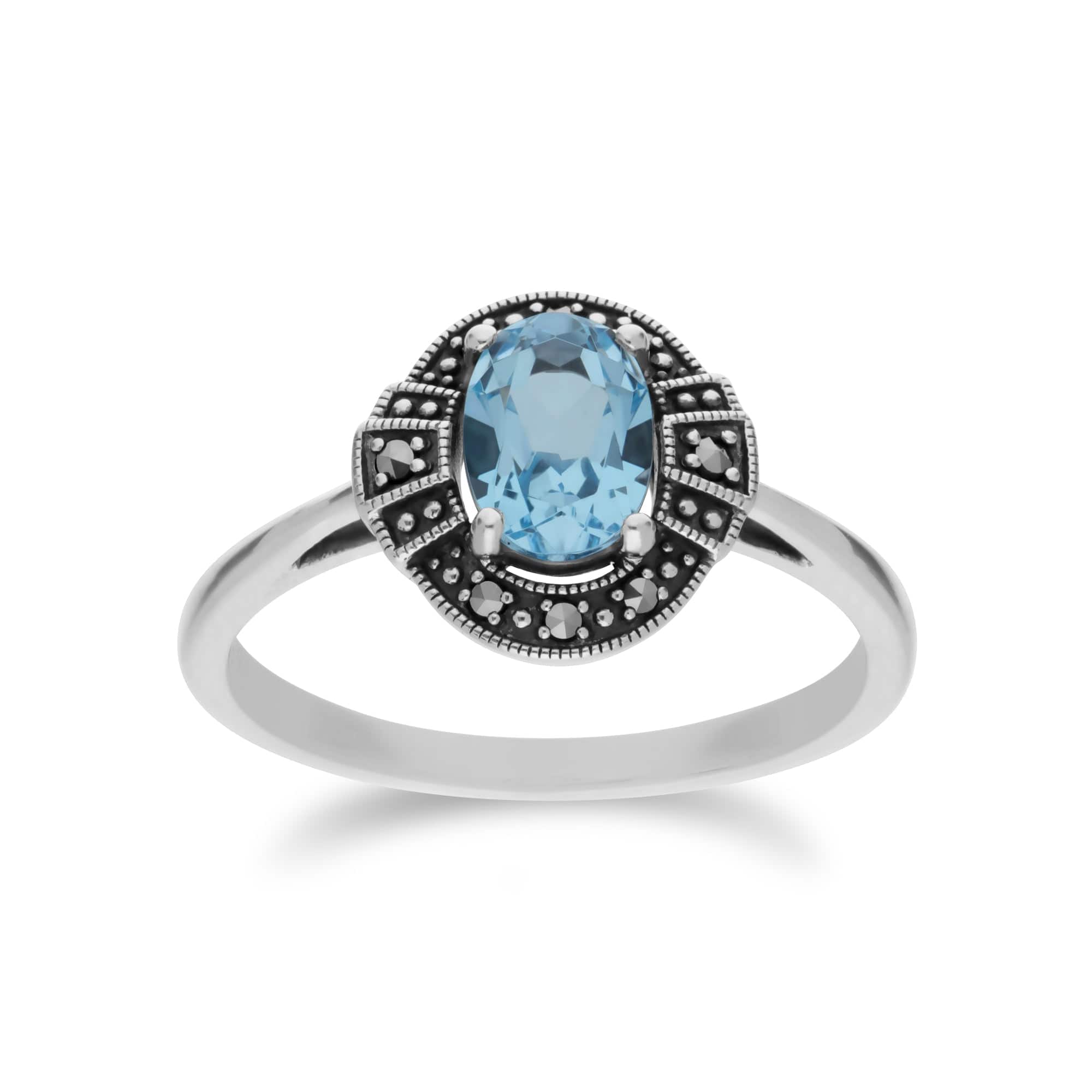 214R605701925 Art Deco Style Oval Blue Topaz & Marcasite Silver Halo Ring 1