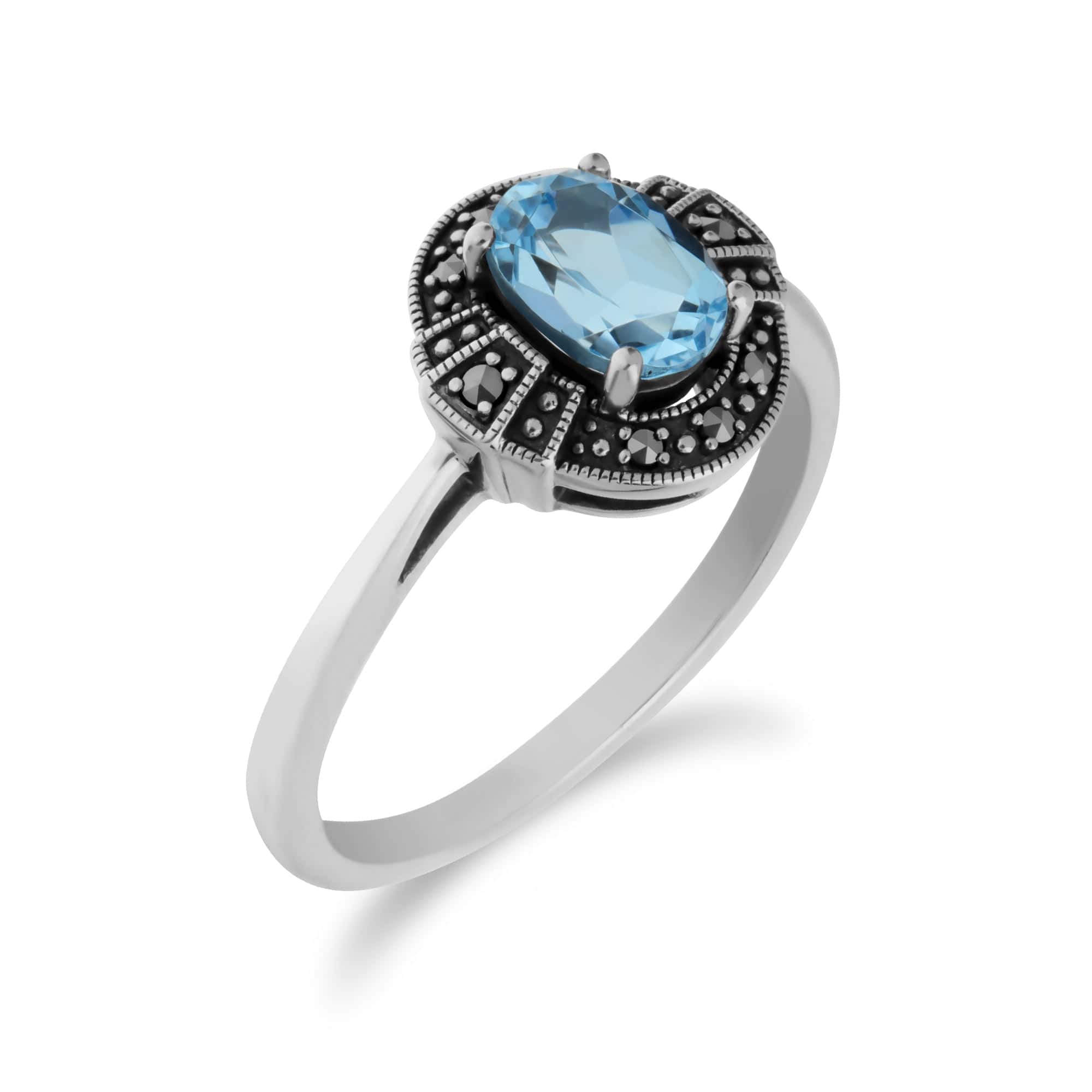 214R605701925 Art Deco Style Oval Blue Topaz & Marcasite Silver Halo Ring 2