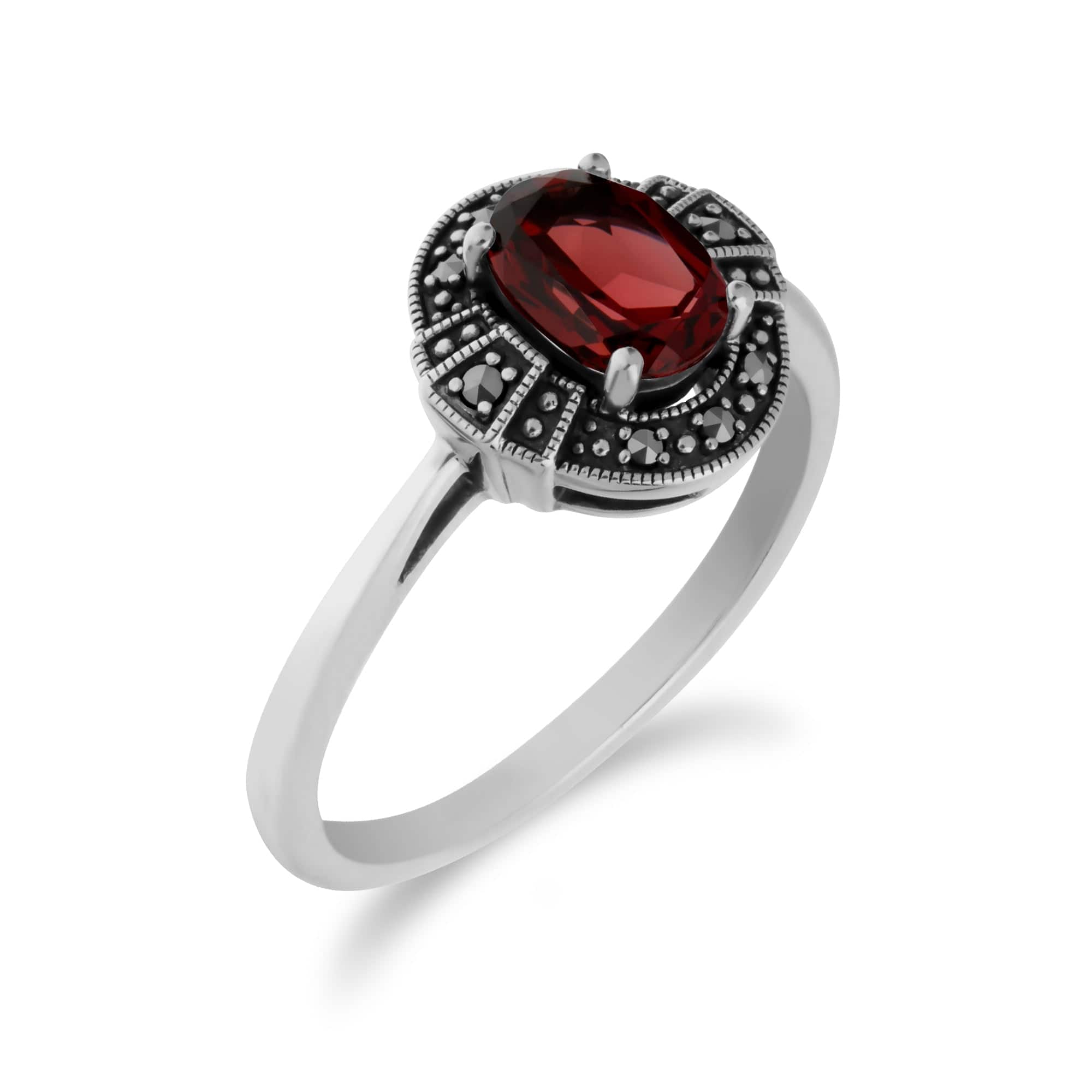214R605703925 Art Deco Style Oval Garnet & Marcasite Halo Ring in 925 Sterling Silver 2