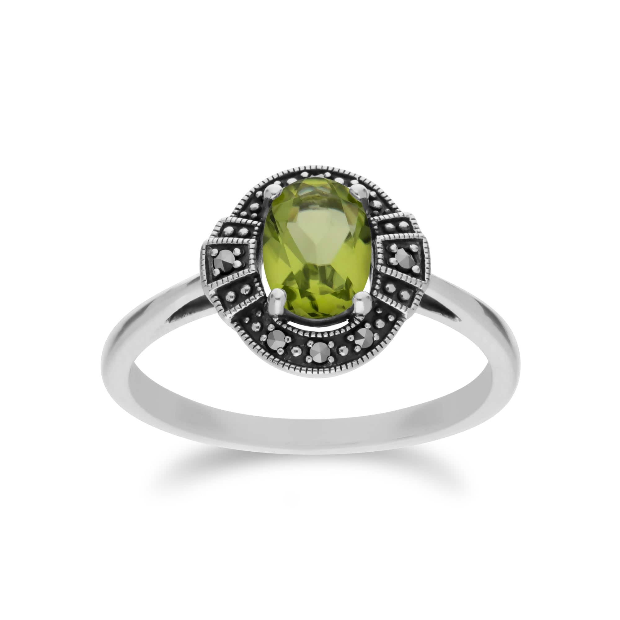 214R605704925 Art Deco Style Oval Peridot & Marcasite Halo Ring in 925 Sterling Silver 1