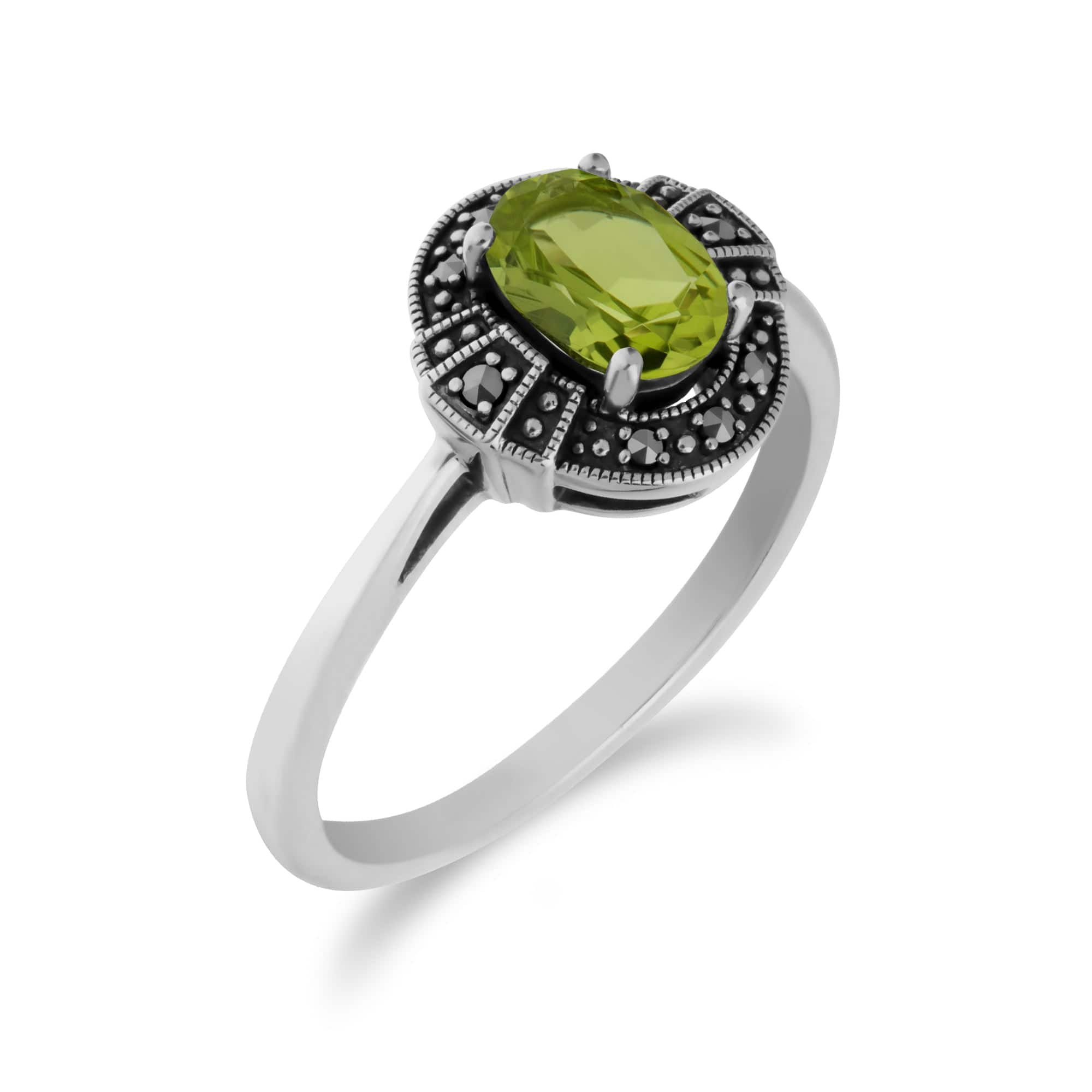 214R605704925 Art Deco Style Oval Peridot & Marcasite Halo Ring in 925 Sterling Silver 2