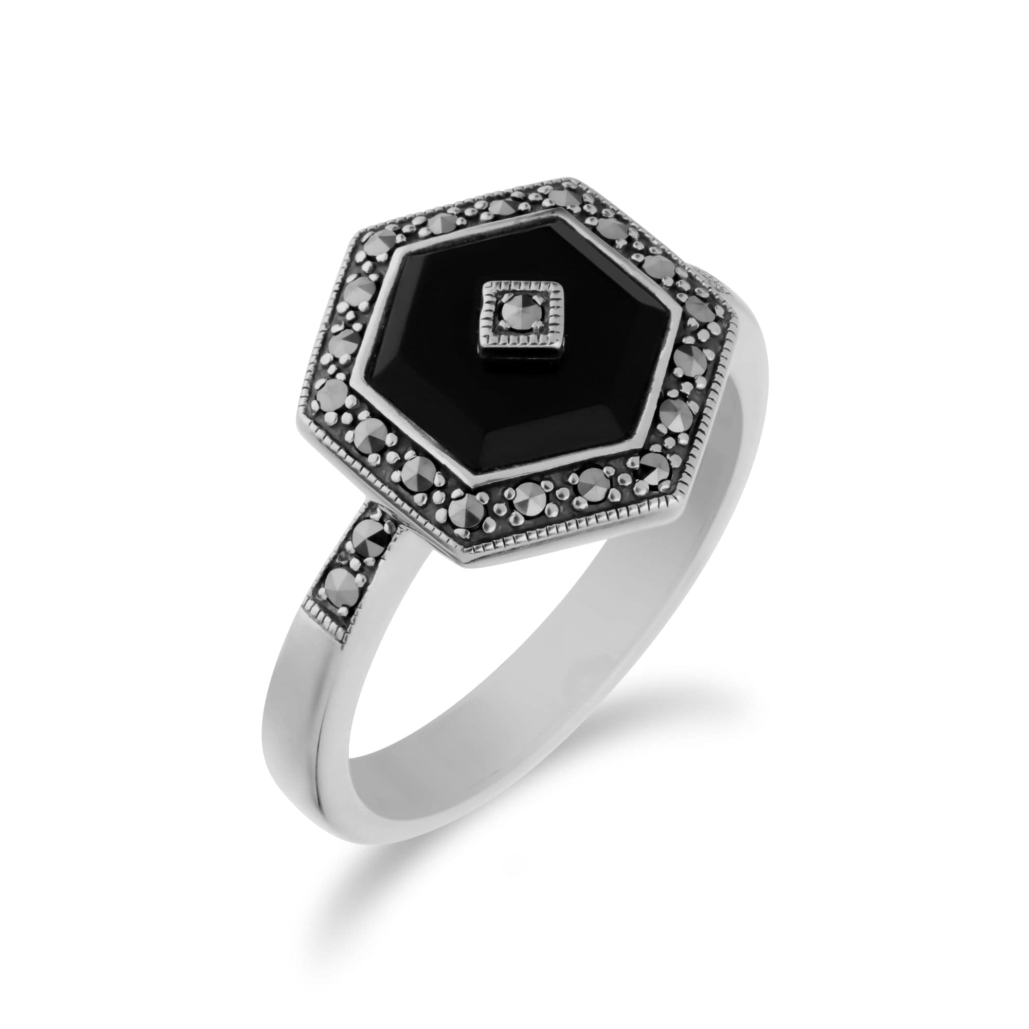 214R605802925 Art Deco Style Black Onyx & Marcasite Silver  Hexagon Ring 2