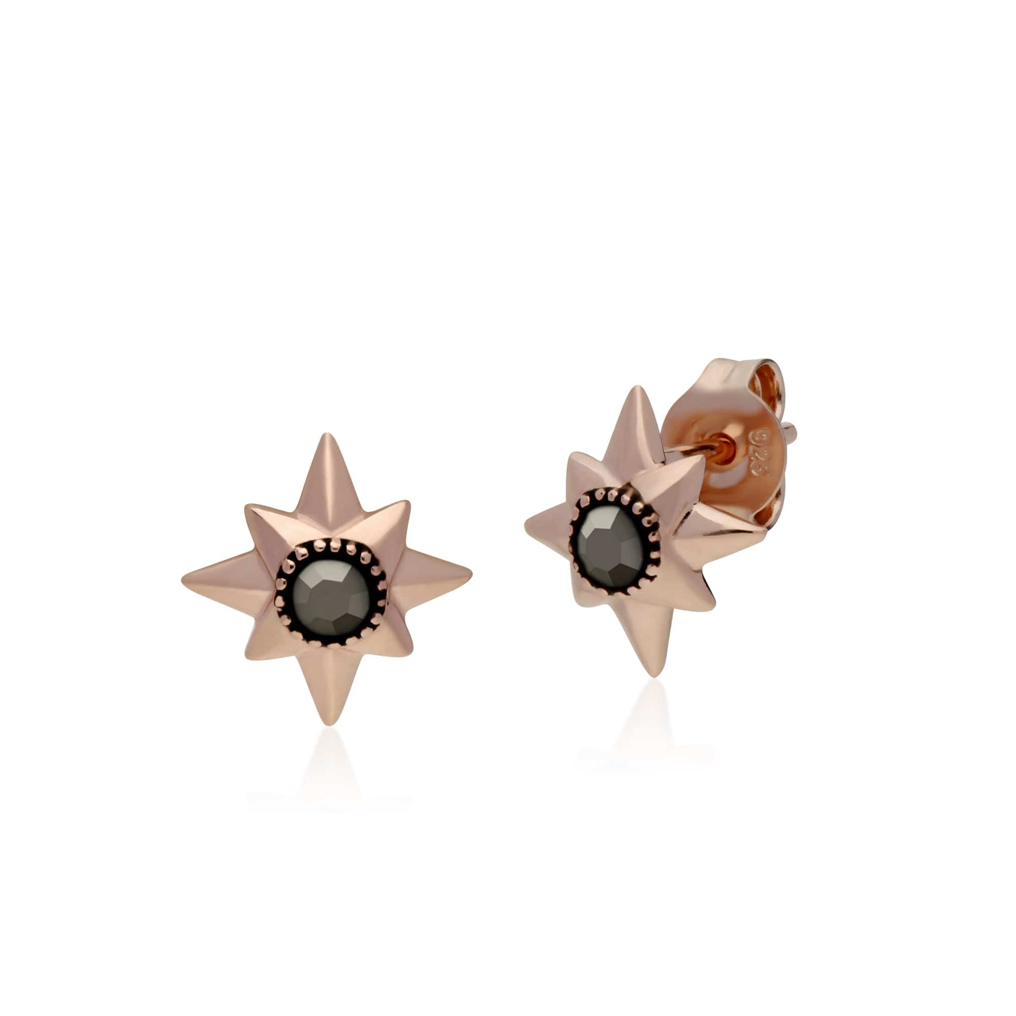 224E022201925 Rose Gold Plated Round Marcasite Double Star Stud Earrings in 925 Sterling Silver 1