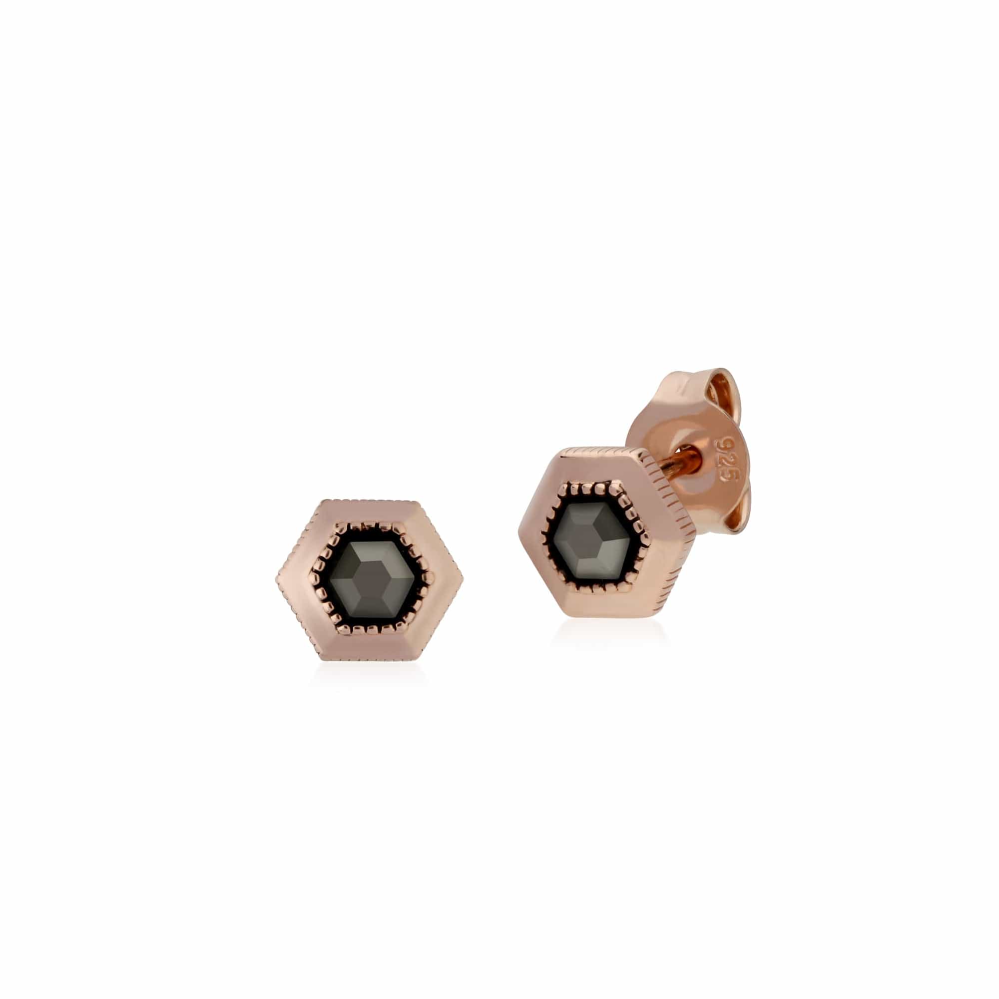 224E022601925 Rose Gold Plated Hexagon Marcasite Stud Earrings in 925 Sterling Silver 1