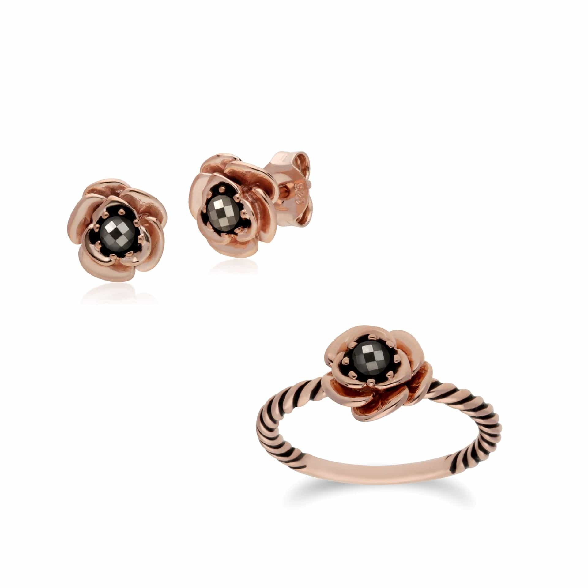 224E023301925-224R030401925 Rose Gold Plated Marcasite Flower Stud Earrings & Ring Set in 925 Sterling Silver 1