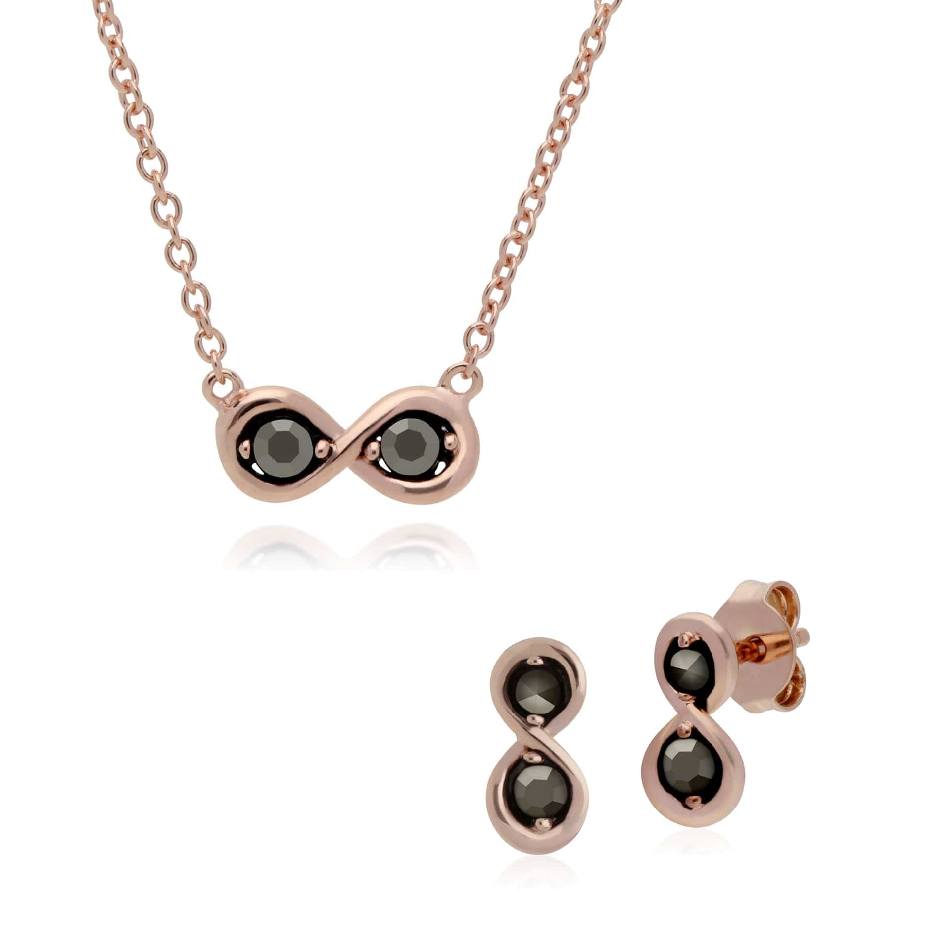 224E025401925-224N017801925 Rose Gold Plated Marcasite Infinity Stud Earrings & Necklace Set in 925 Sterling Silver 1