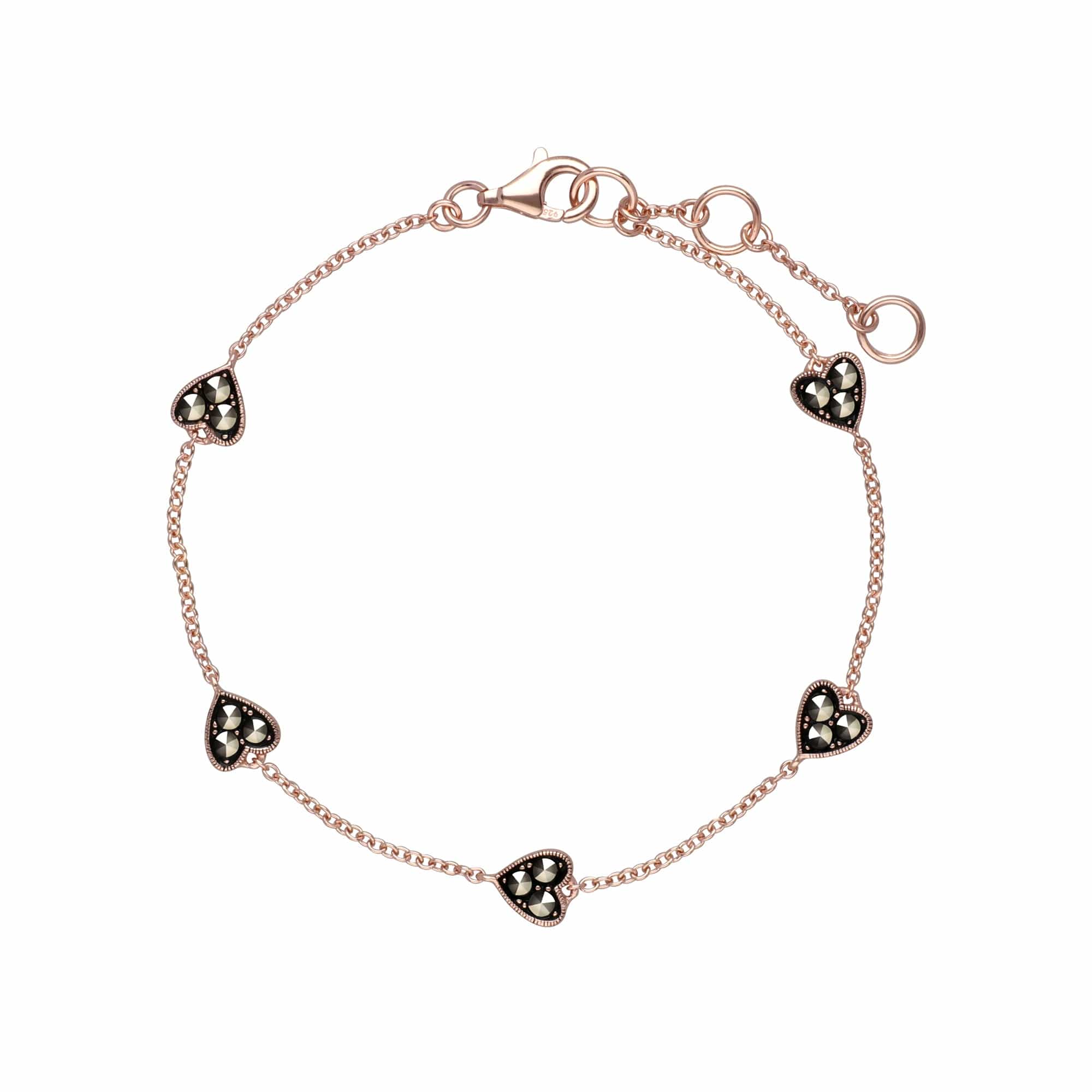 224L007601925 Rose Gold Plated Round Marcasite 5 Heart Bracelet in 925 Sterling Silver 2