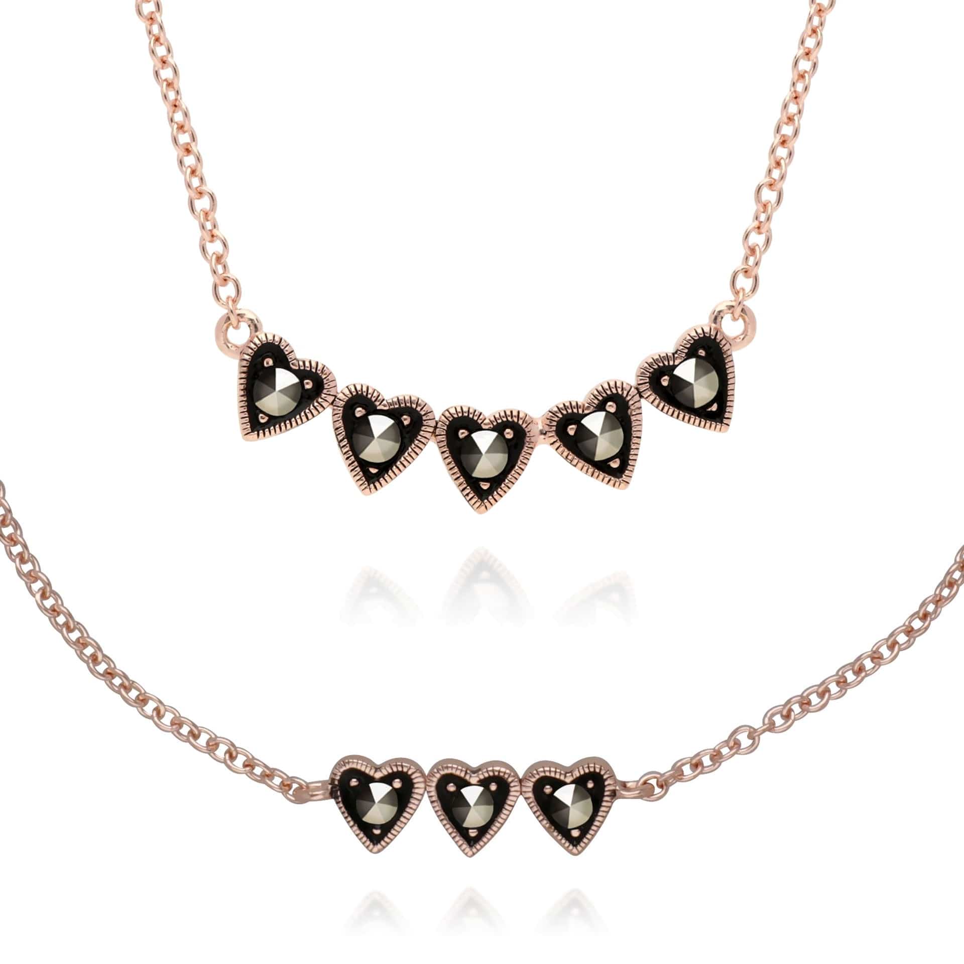 224N017601925-224L008101925 Rose Gold Plated Marcasite Heart Bracelet & Necklace Set in 925 Sterling Silver 1