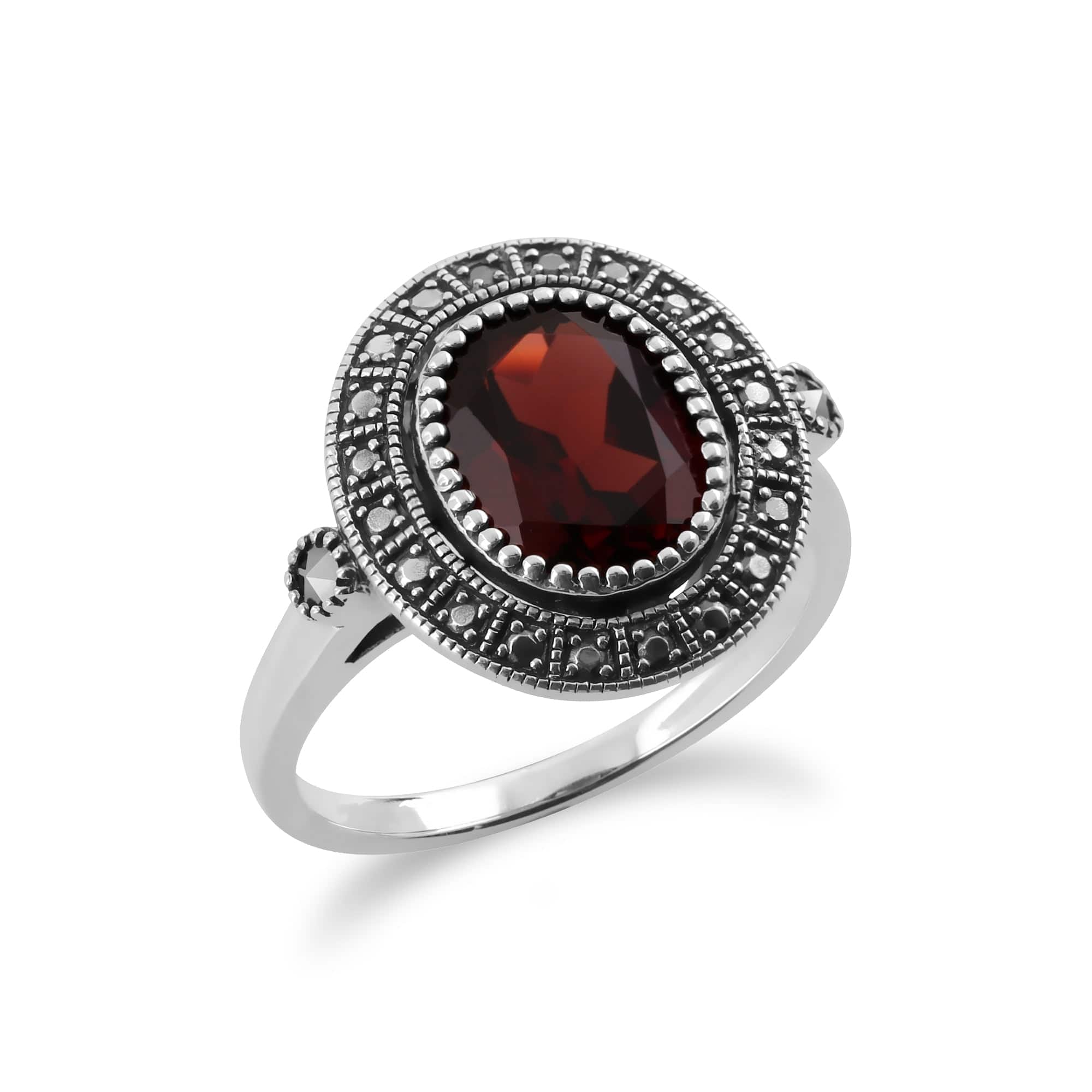 224R029502925 Art Deco Style Oval Garnet & Marcasite Statement Cocktail Ring in 925 Sterling Silver 2