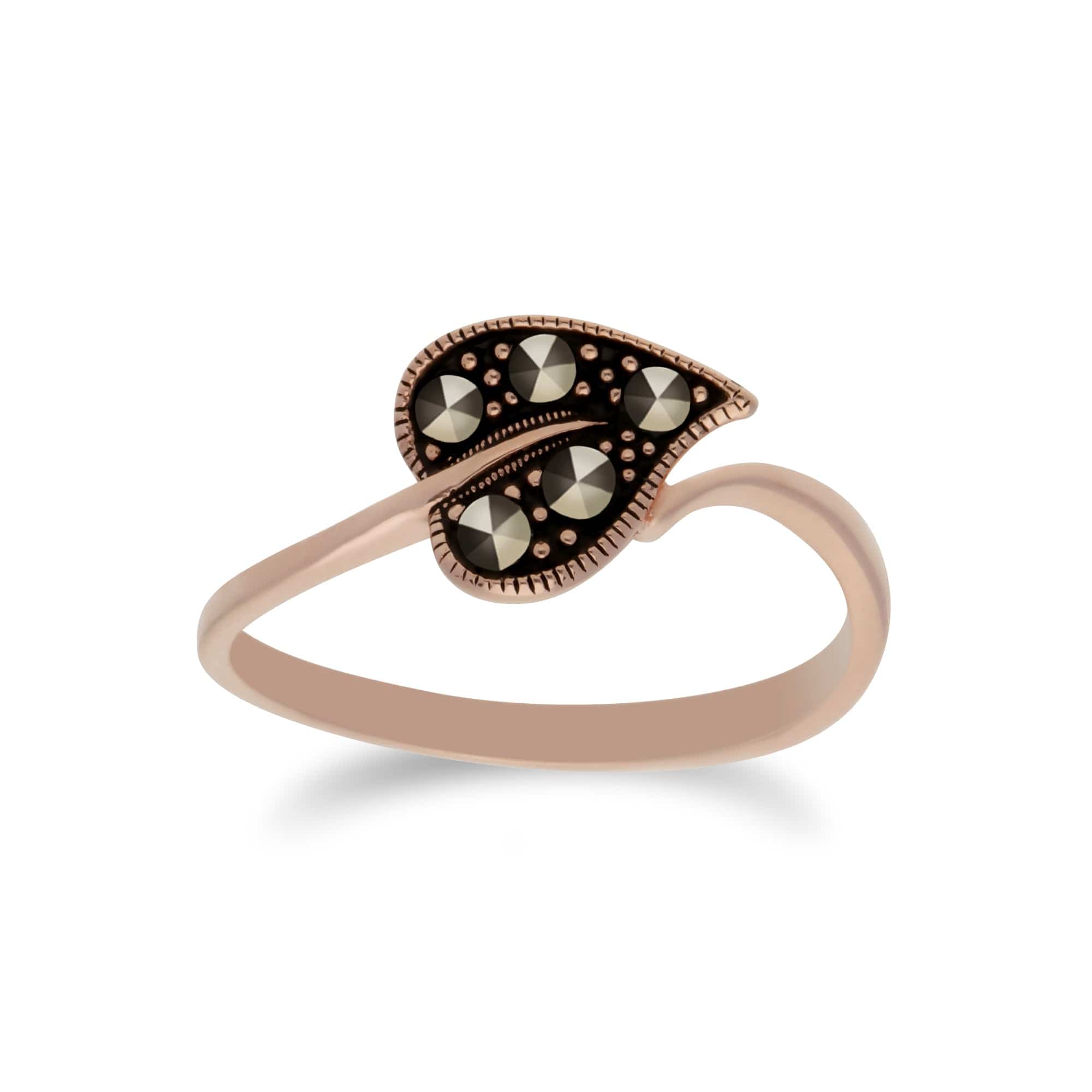 224R030501925 Rose Gold Plated Silver Round Marcasite Leaf Design Ring 1