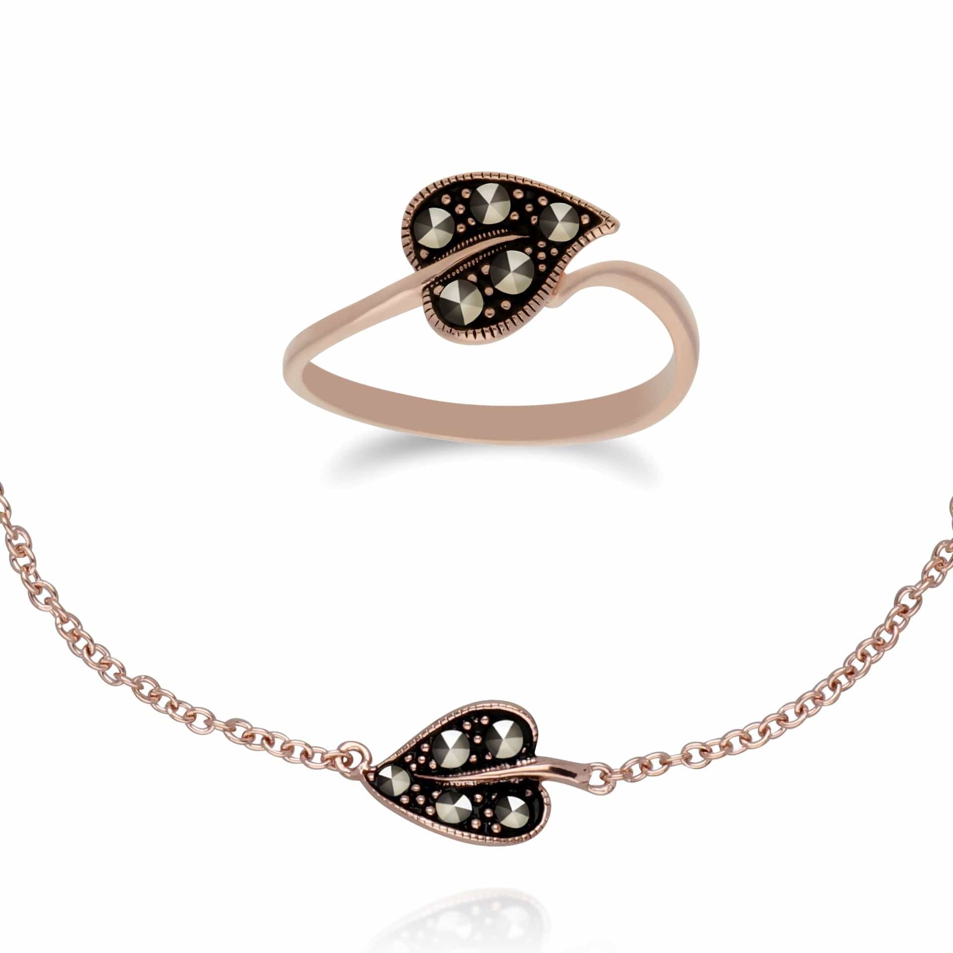 224L007301925-224R030501925 Rose Gold Plated Silver  Marcasite Leaf Ring & Bracelet Set 1