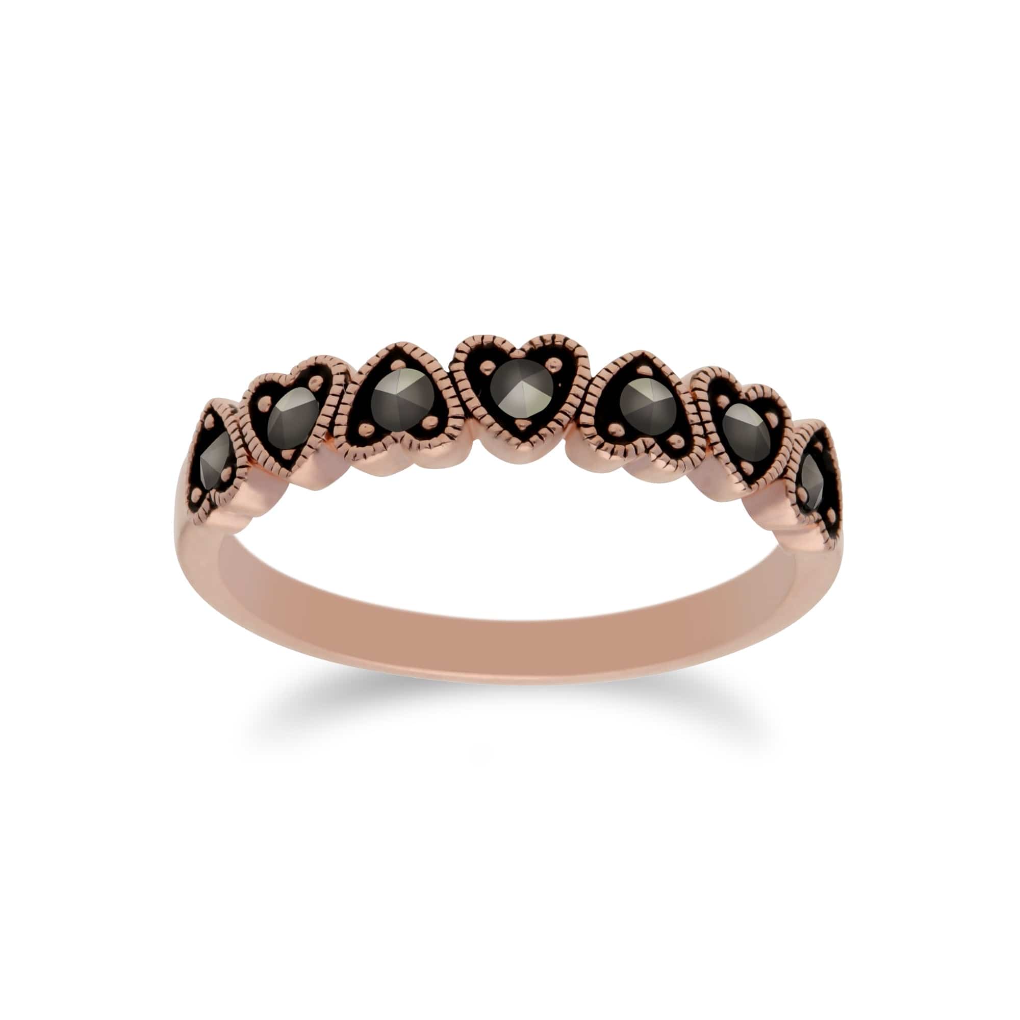 224R030601925 Rose Gold Plated Round Marcasite Heart Half Eternity Ring in 925 Sterling Silver 1