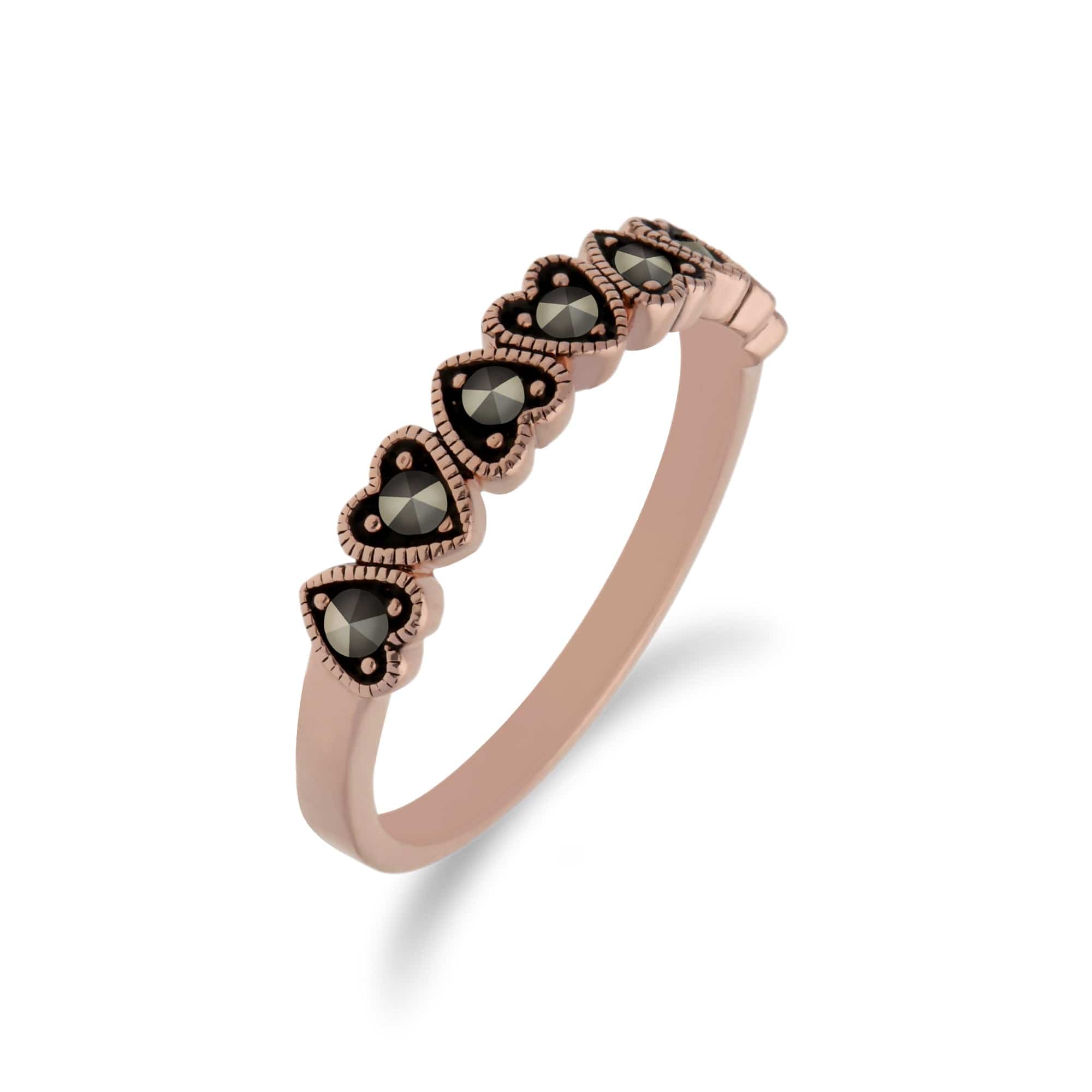 224R030601925 Rose Gold Plated Round Marcasite Heart Half Eternity Ring in 925 Sterling Silver 2