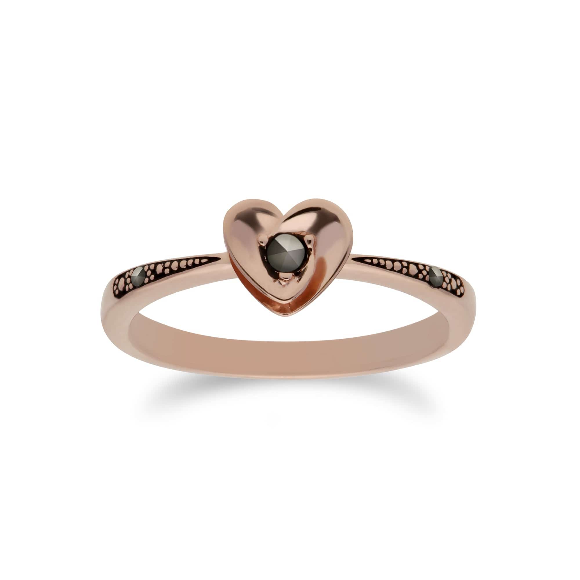 224R031001925 Rose Gold Plated Round Marcasite Heart Design Ring in 925 Sterling Silver 1
