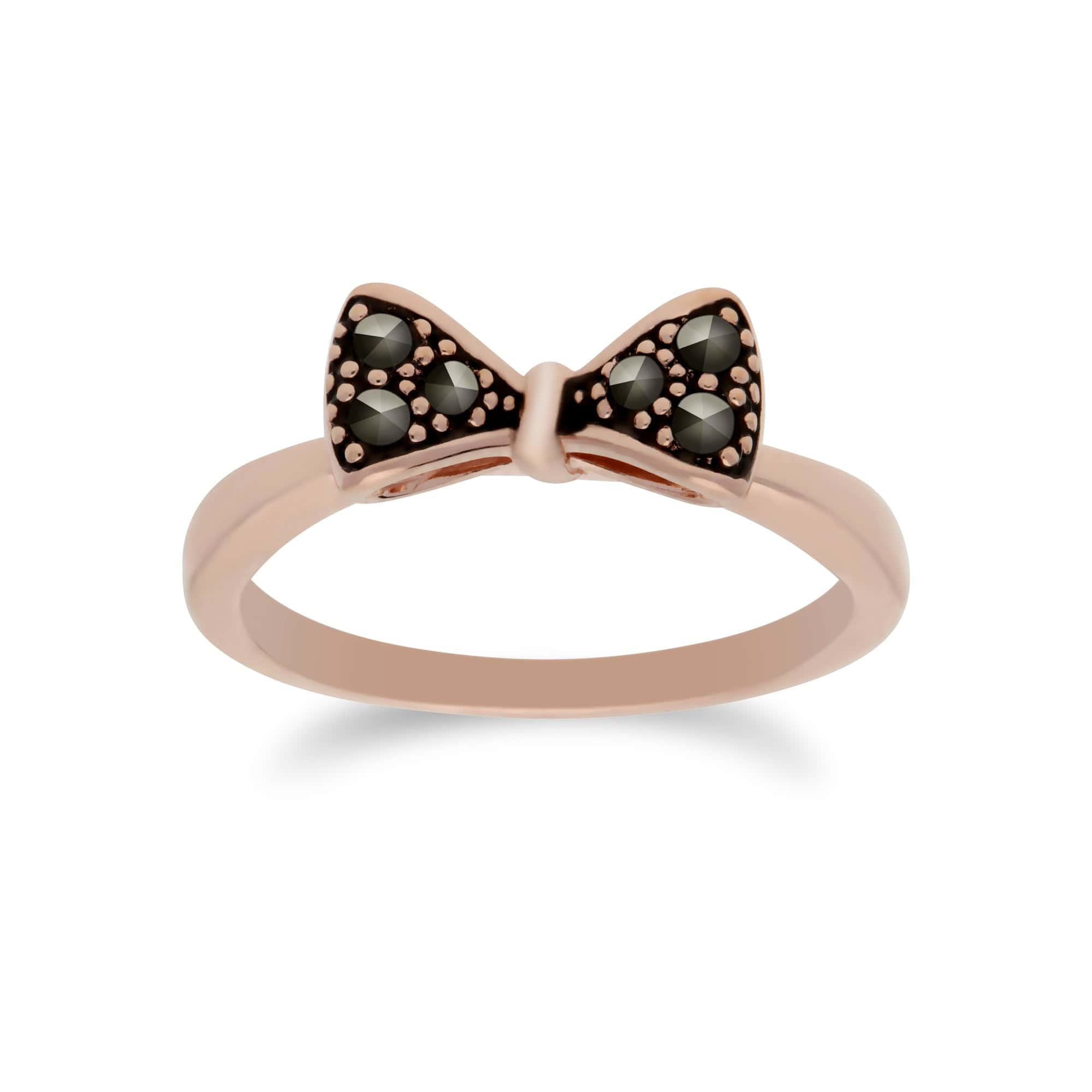 224R031101925 Rose Gold Plated Round Marcasite Bow Design Ring in 925 Sterling Silver 1