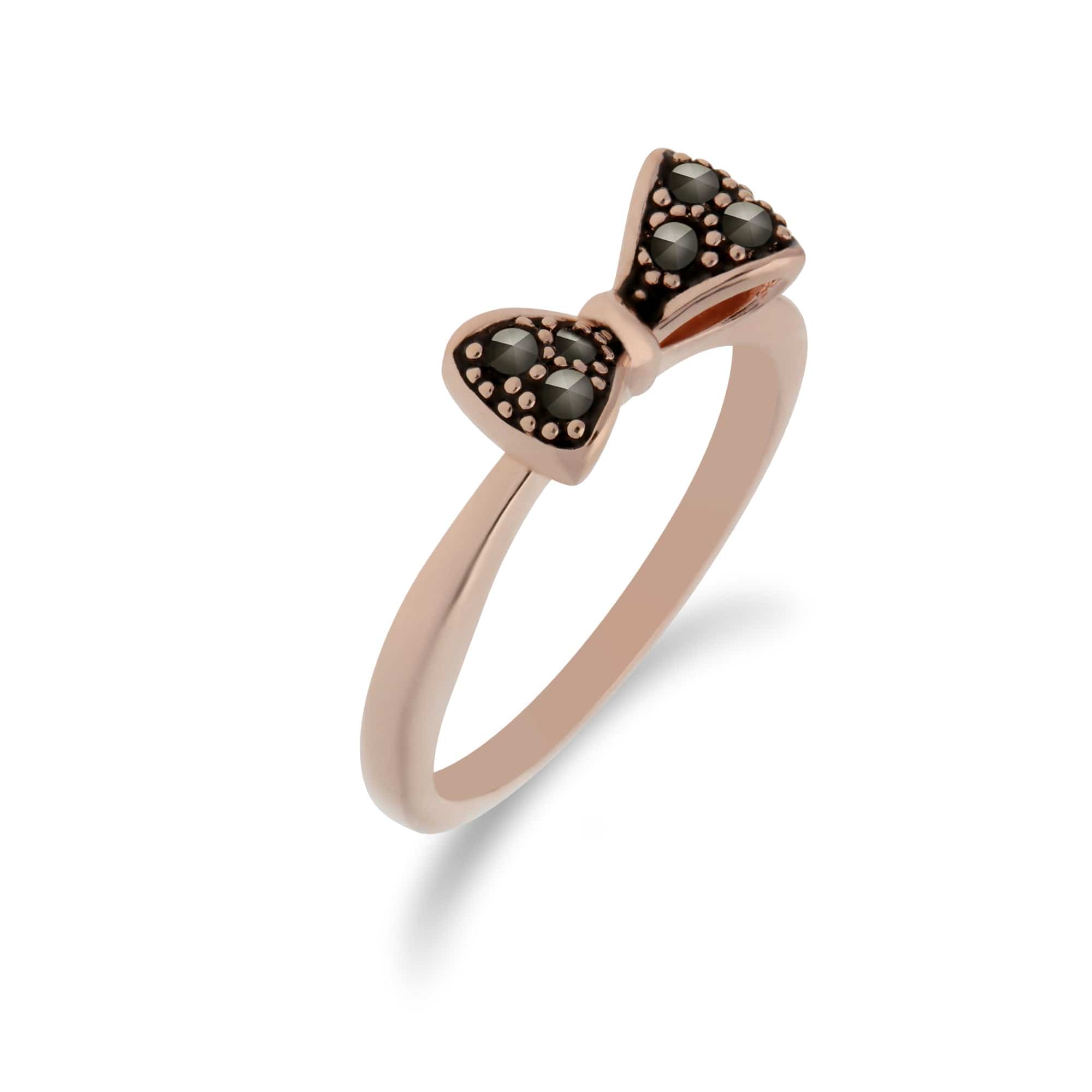 224R031101925 Rose Gold Plated Round Marcasite Bow Design Ring in 925 Sterling Silver 2