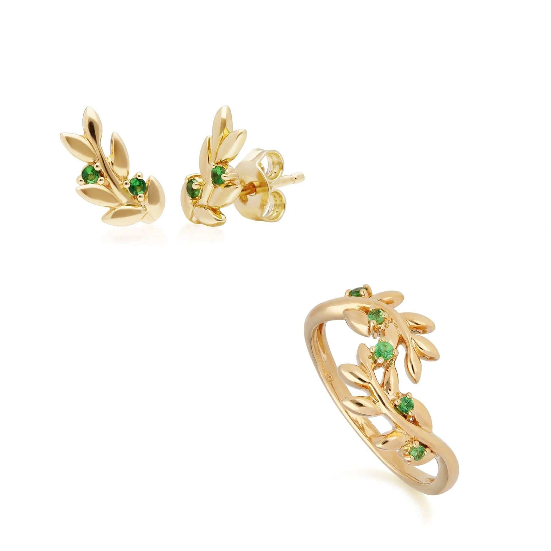 270E028001925-270R057801925 O Leaf Tsavorite Stud Earring & Ring Set in Gold Plated 925 Sterling Silver 1