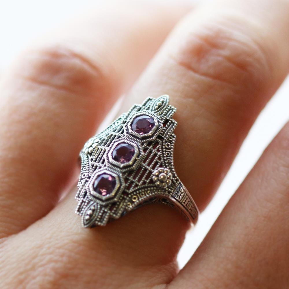241R210502925 Art Nouveau Style Octagon Amethyst Three Stone Filigree Statement Ring in 925 Sterling Silver 2