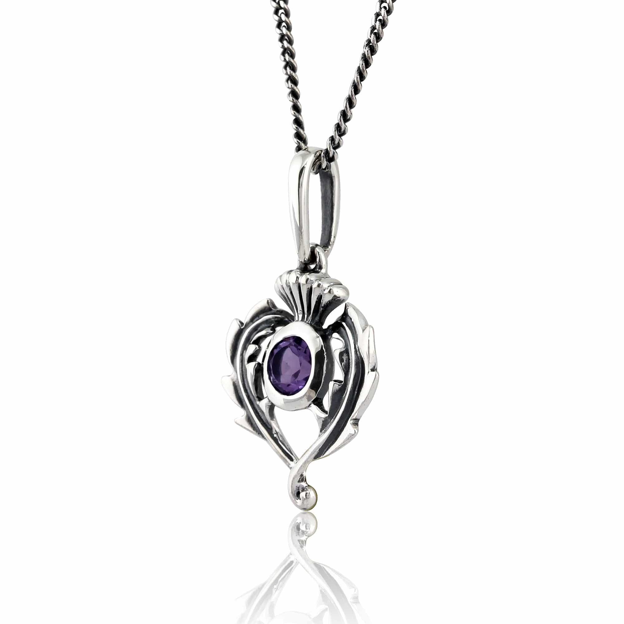 27082 Art Nouveau Style Round Amethyst & Marcasite Thistle Pendant in 925 Sterling Silver 2