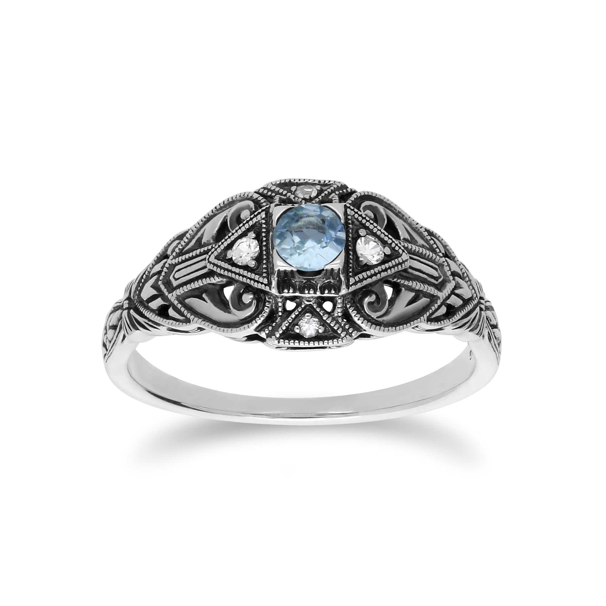 241R210303925 Art Deco Style Round Blue Topaz & White Topaz  Ring in 925 Sterling Silver 1