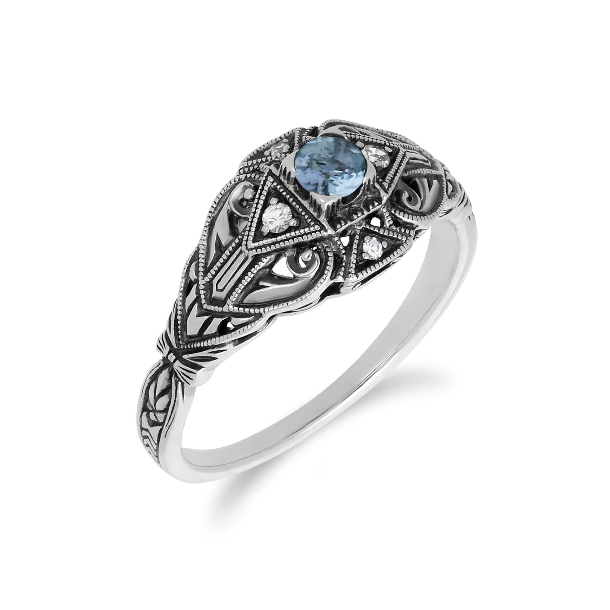 241R210303925 Art Deco Style Round Blue Topaz & White Topaz  Ring in 925 Sterling Silver 2