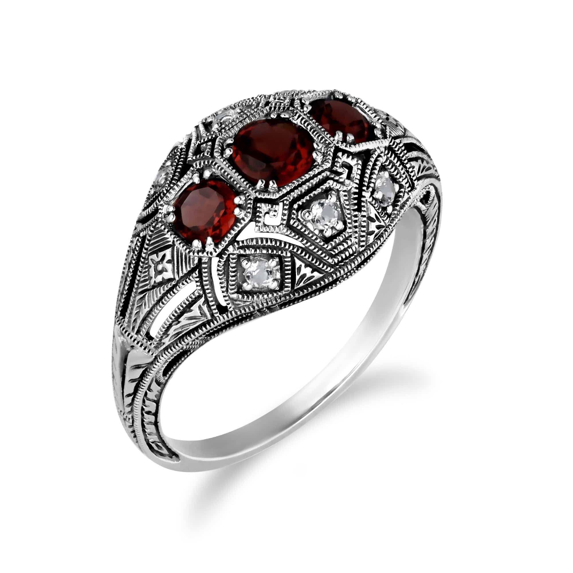 241R210401925 Art Deco Style Round Garnet & White Topaz Three Stone Ring in 925 Sterling Silver 2