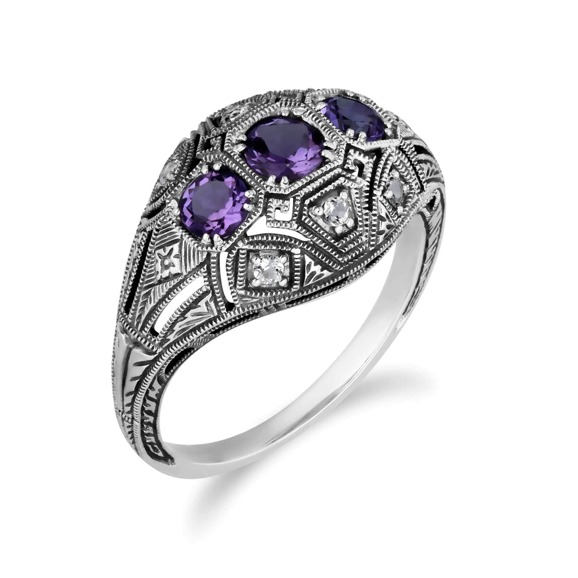 241R210402925 Art Deco Style Round Amethyst & White Topaz Three Stone Ring in Sterling Silver 2