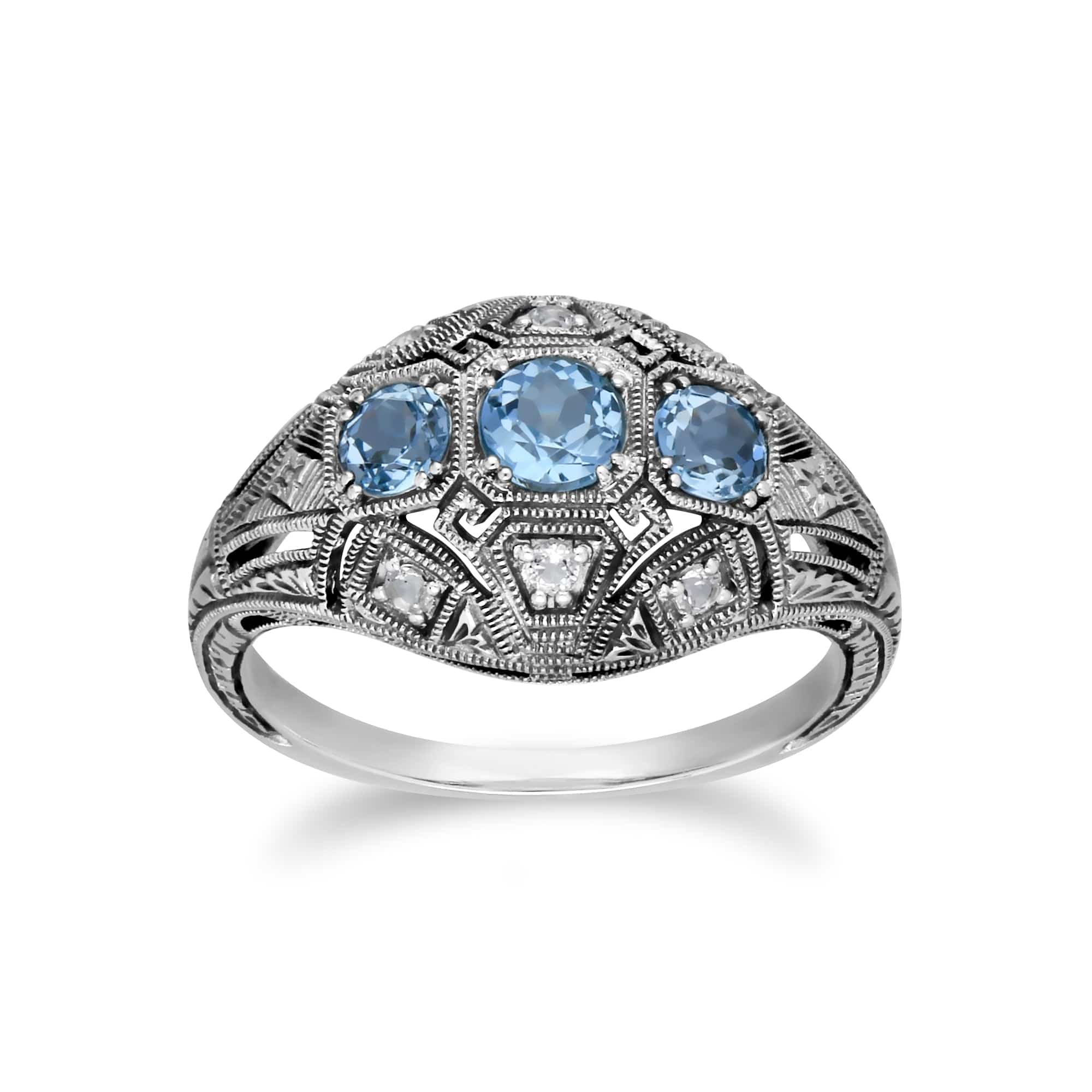 241R210403925 Art Deco Style Round Blue & White Topaz Three Stone Ring in 925 Sterling Silver 1