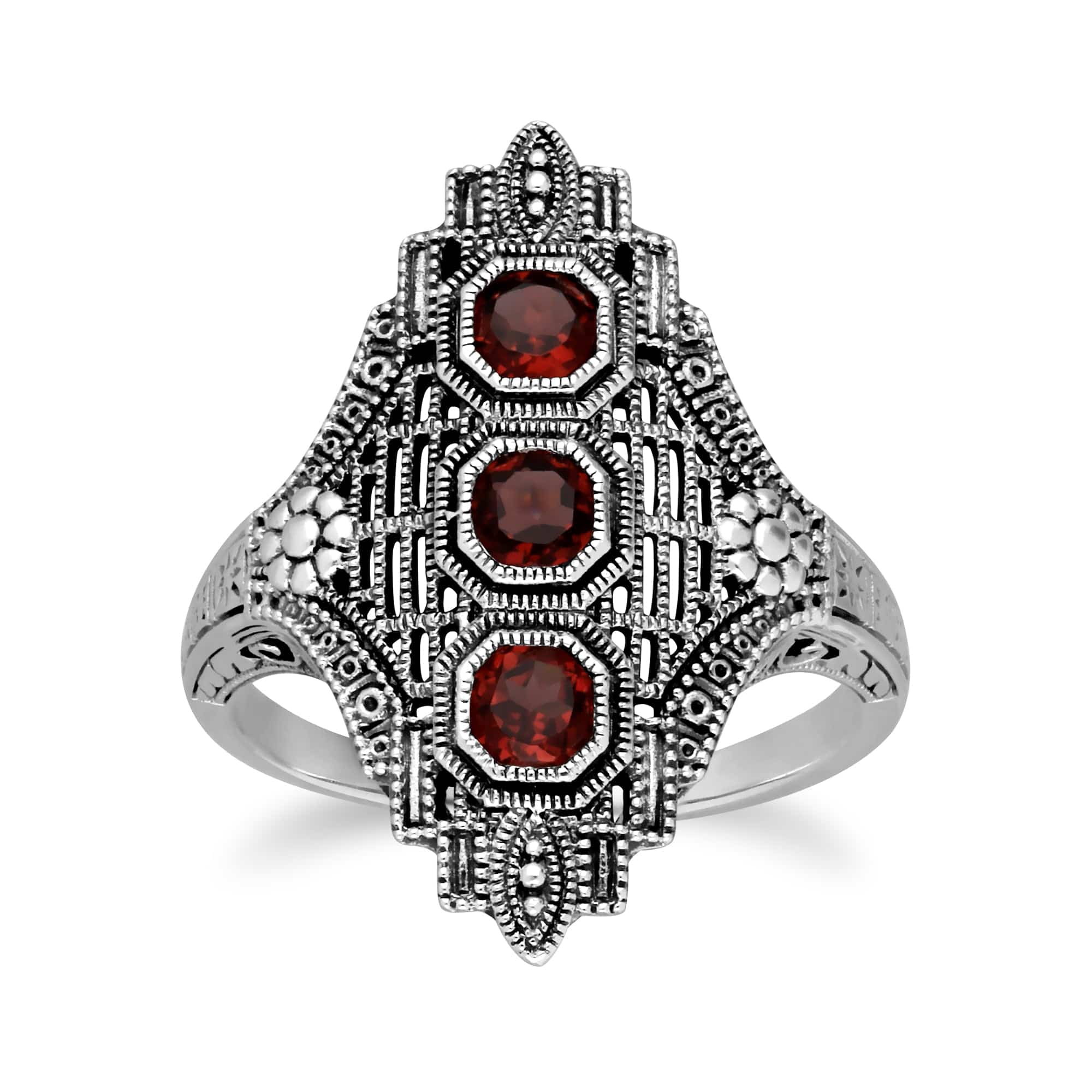 241R210501925 Art Nouveau Style Octagon Garnet Three Stone Filigree Statement Ring in 925 Sterling Silver 1