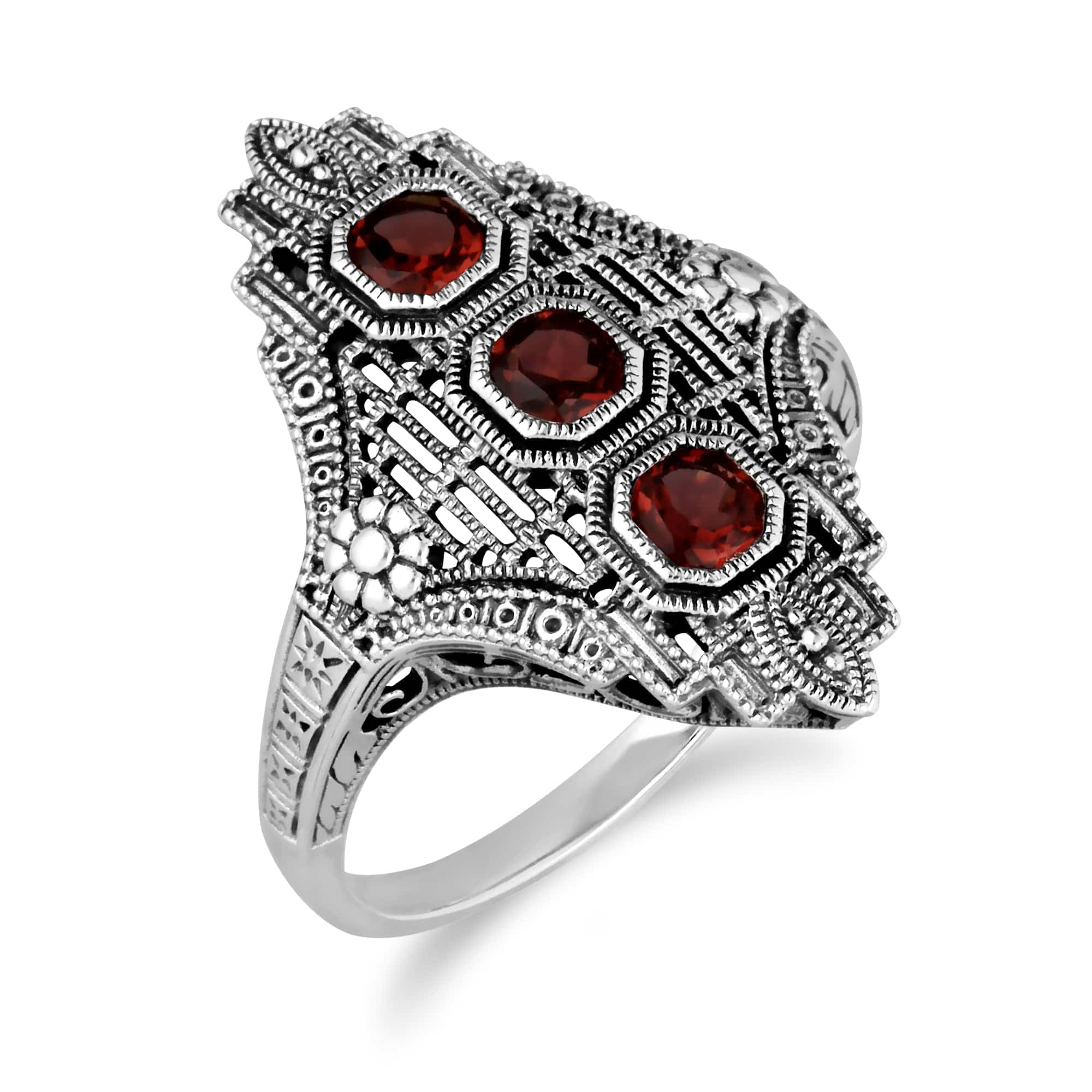 241R210501925 Art Nouveau Style Octagon Garnet Three Stone Filigree Statement Ring in 925 Sterling Silver 2