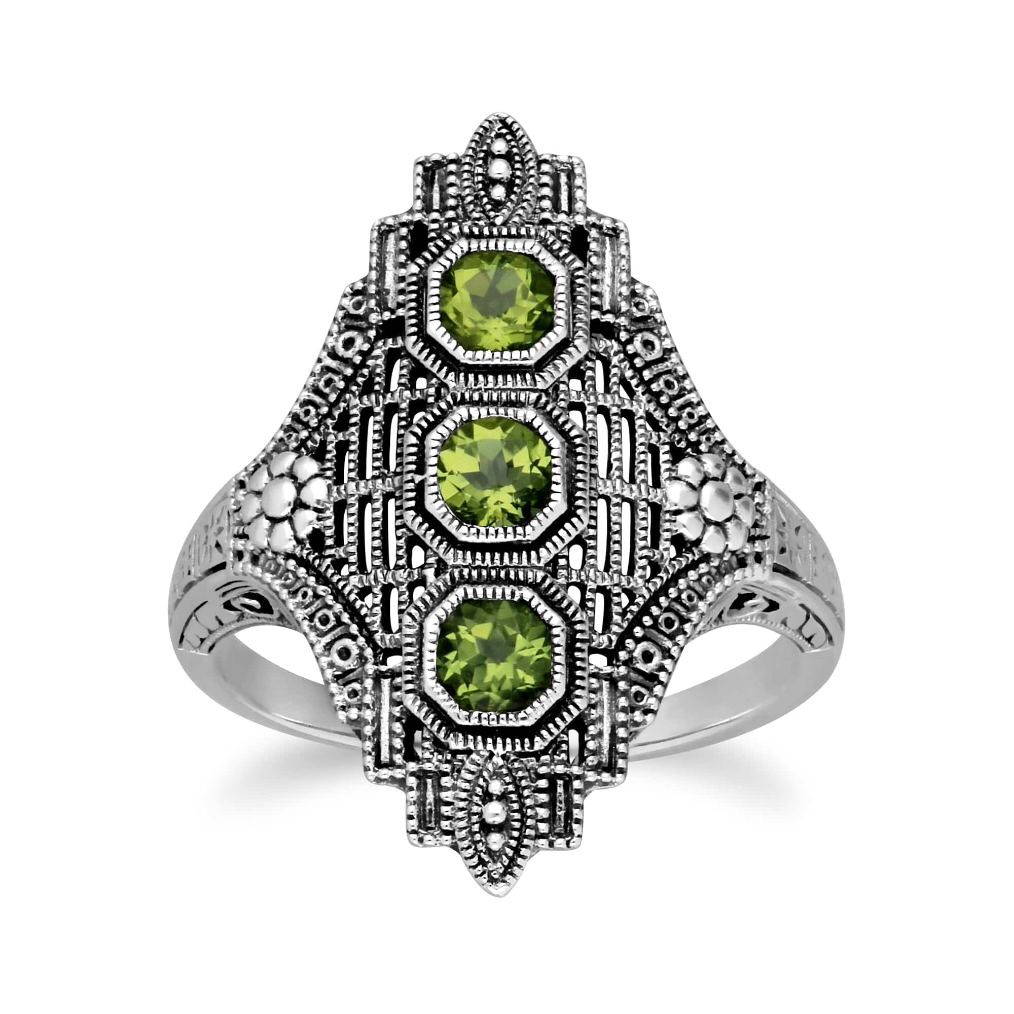241R210504925 Art Nouveau Style Octagon Peridot Three Stone Filigree Statement Ring in 925 Sterling Silver 1