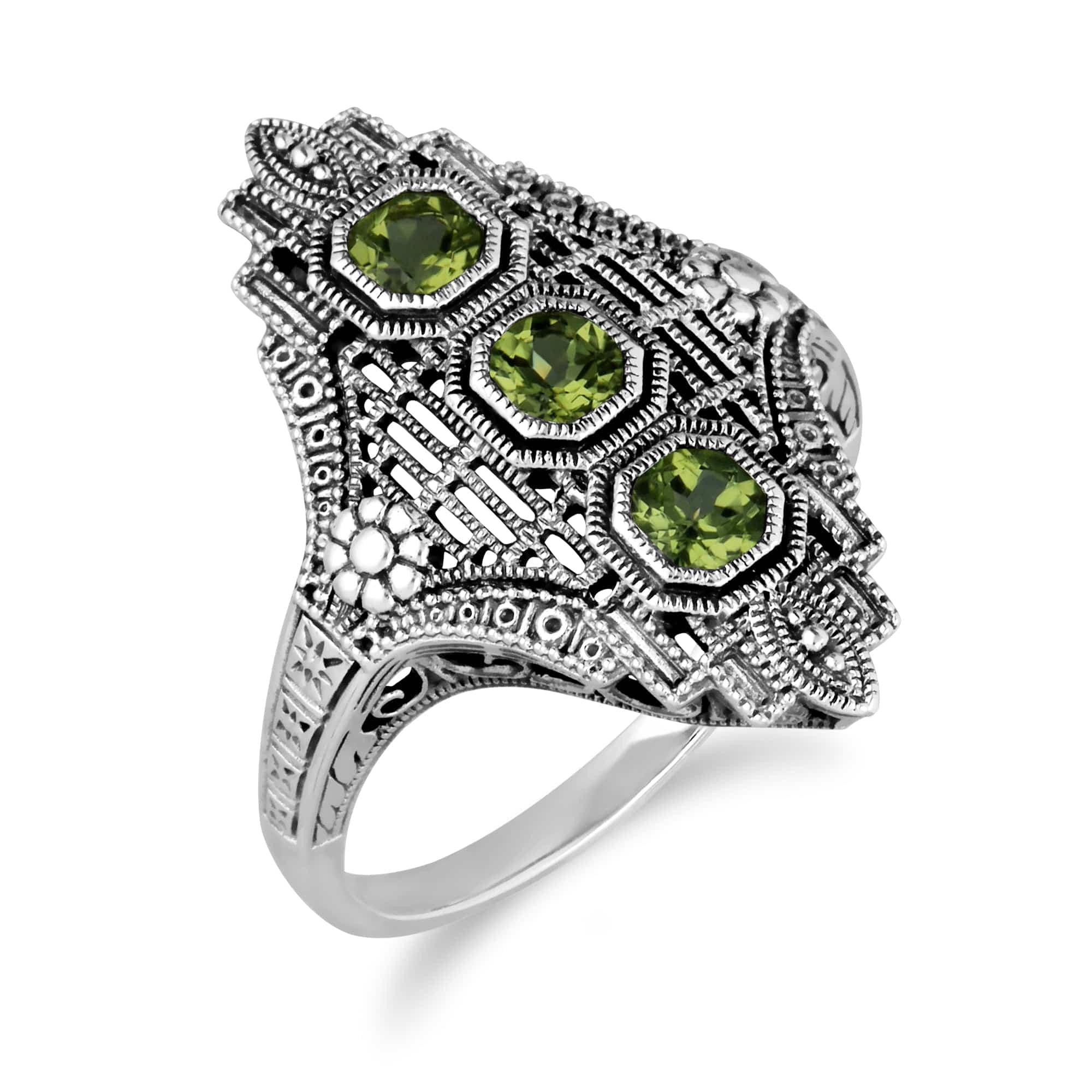 241R210504925 Art Nouveau Style Octagon Peridot Three Stone Filigree Statement Ring in 925 Sterling Silver 2