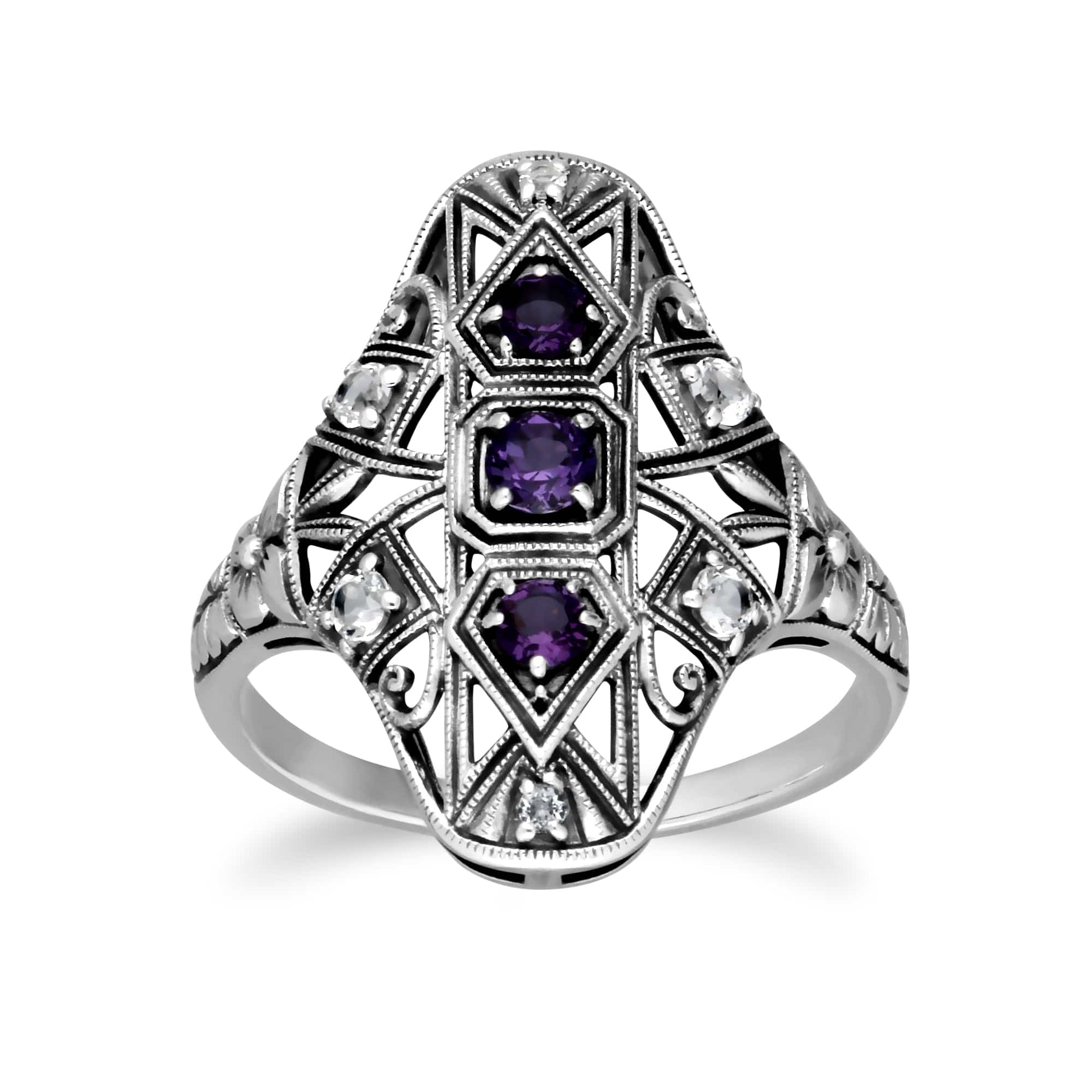 241R210602925 Art Nouveau Style Round Amethyst & White Topaz Statement Ring in 925 Sterling Silver 1
