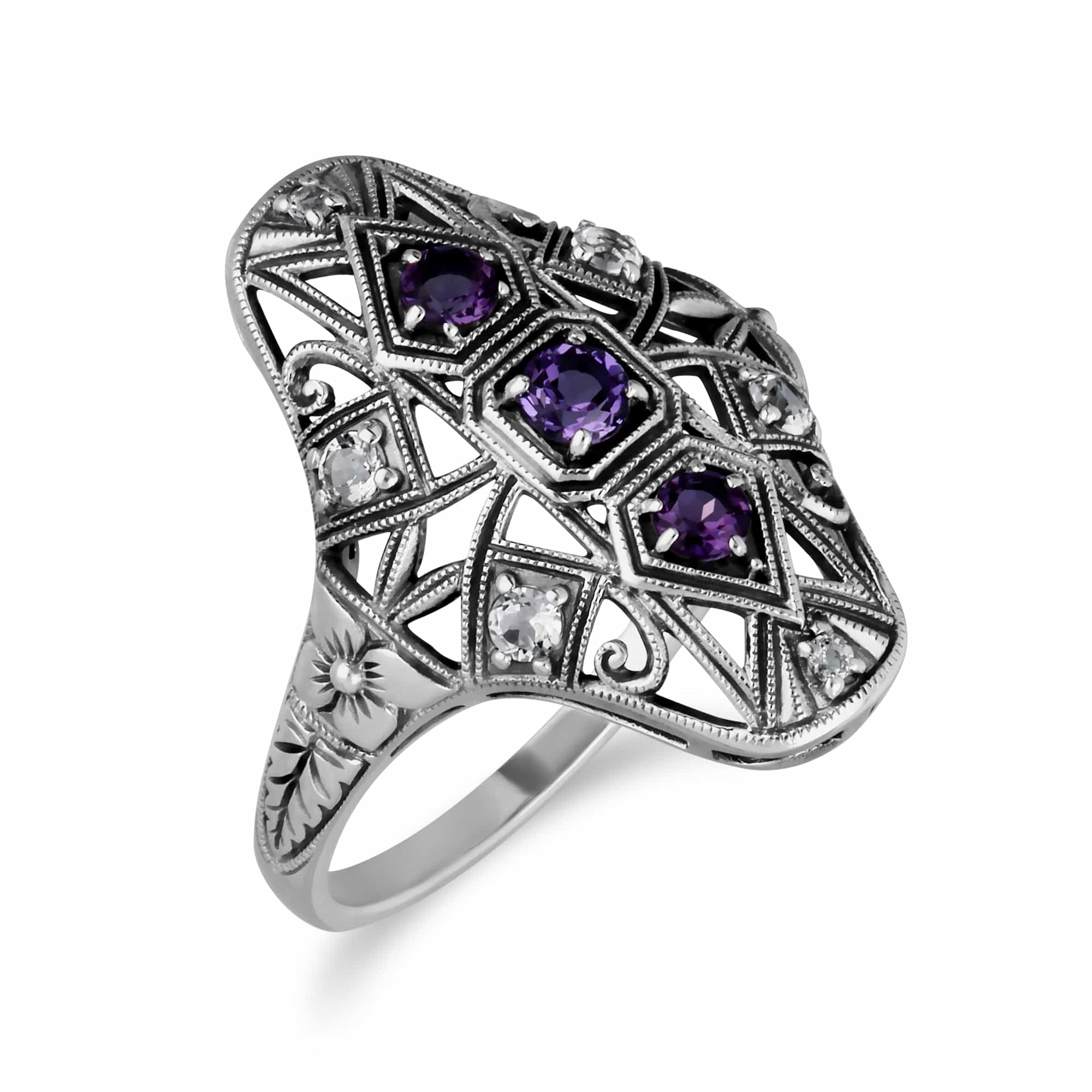 241R210602925 Art Nouveau Style Round Amethyst & White Topaz Statement Ring in 925 Sterling Silver 2