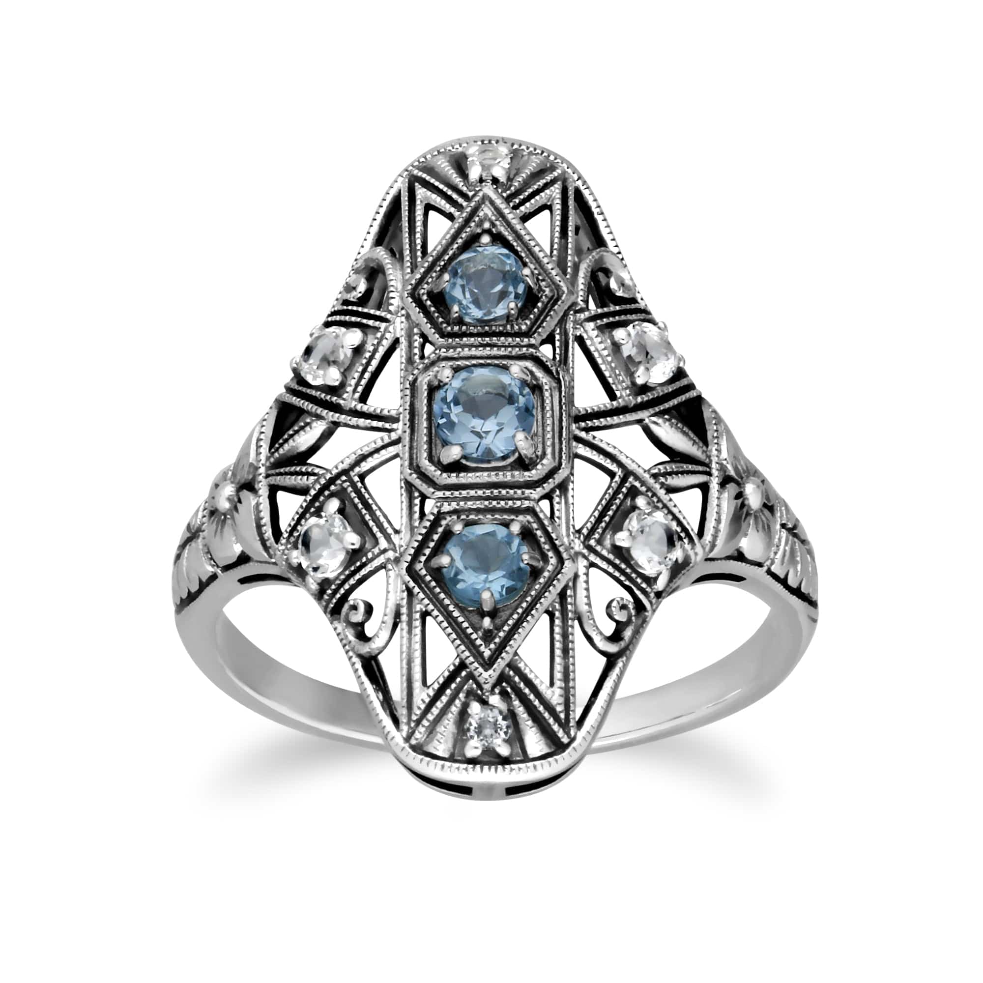 241R210603925 Art Nouveau Style Round Blue & White Topaz Statement Ring in 925 Sterling Silver 1
