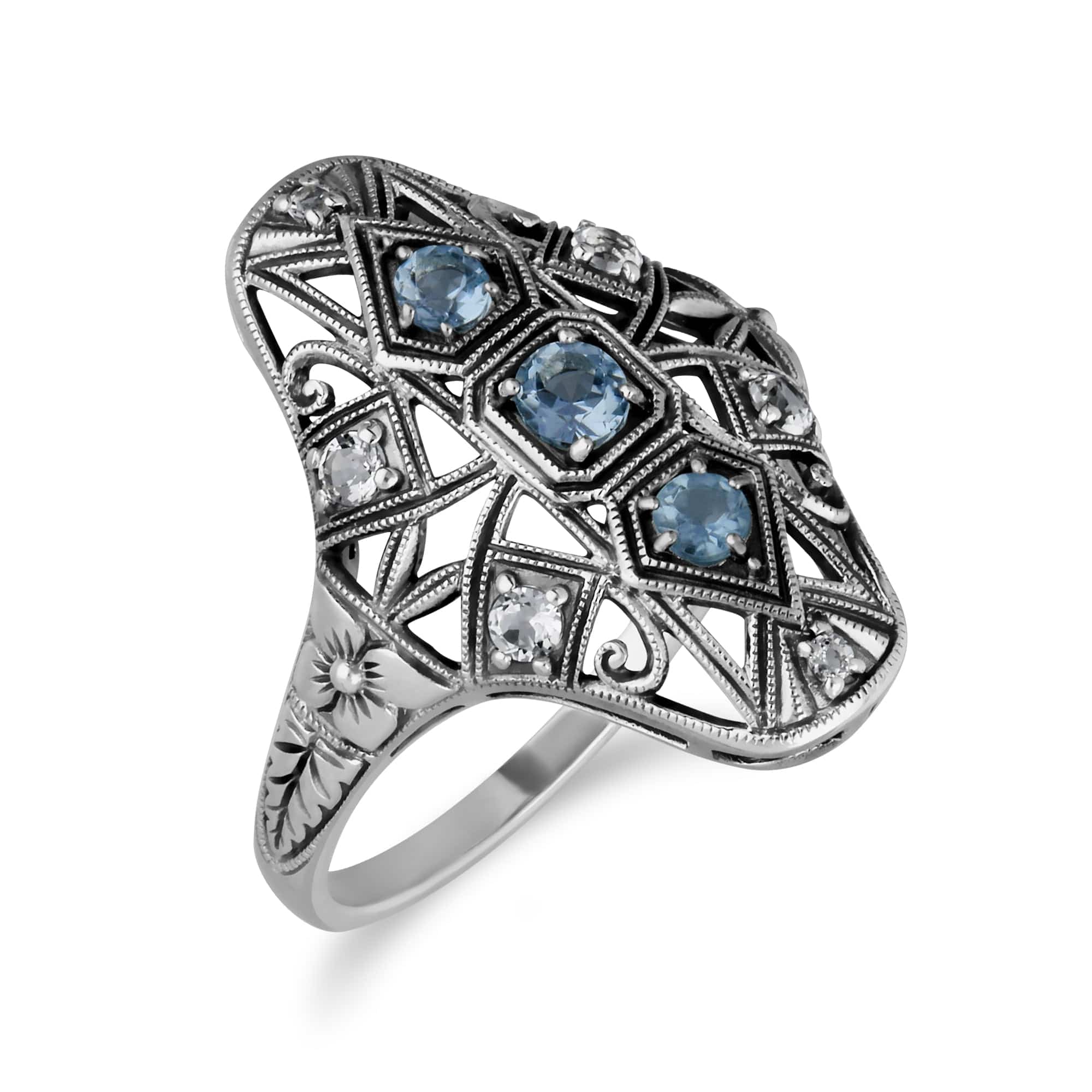 241R210603925 Art Nouveau Style Round Blue & White Topaz Statement Ring in 925 Sterling Silver 2