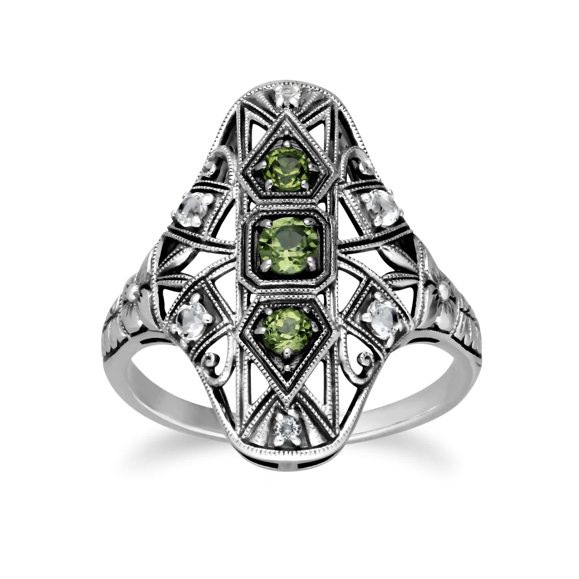 241R210604925 Art Nouveau Style Round Peridot & White Topaz Statement Ring in 925 Sterling Silver 1