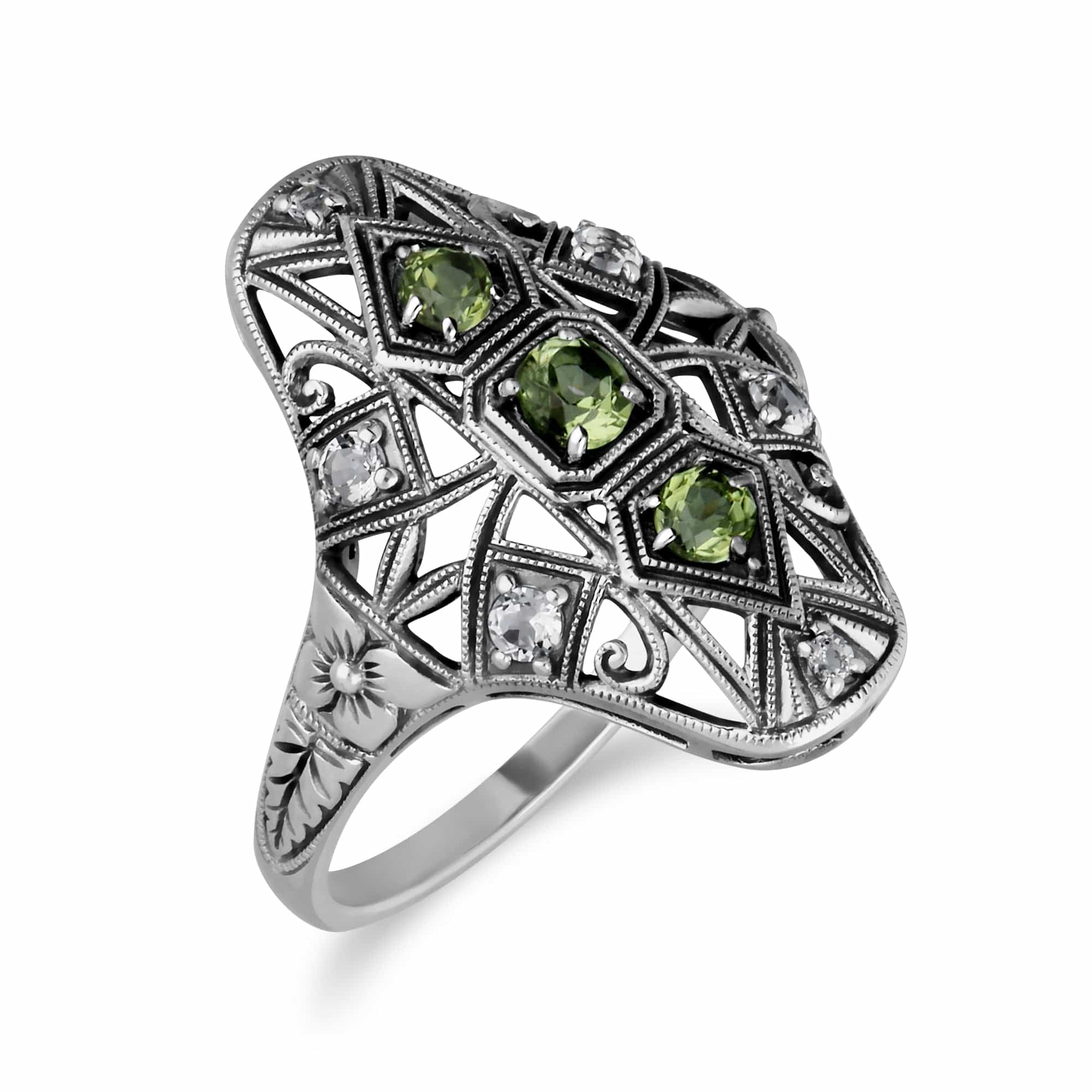 241R210604925 Art Nouveau Style Round Peridot & White Topaz Statement Ring in 925 Sterling Silver 2
