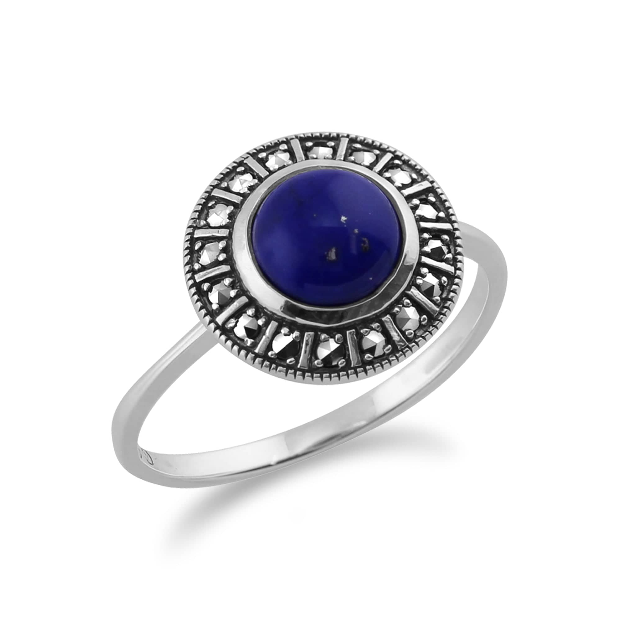 214R513408925 Art Deco Style Round Lapis Lazuli Cabochon & Marcasite Halo Ring in 925 Sterling Silver 2