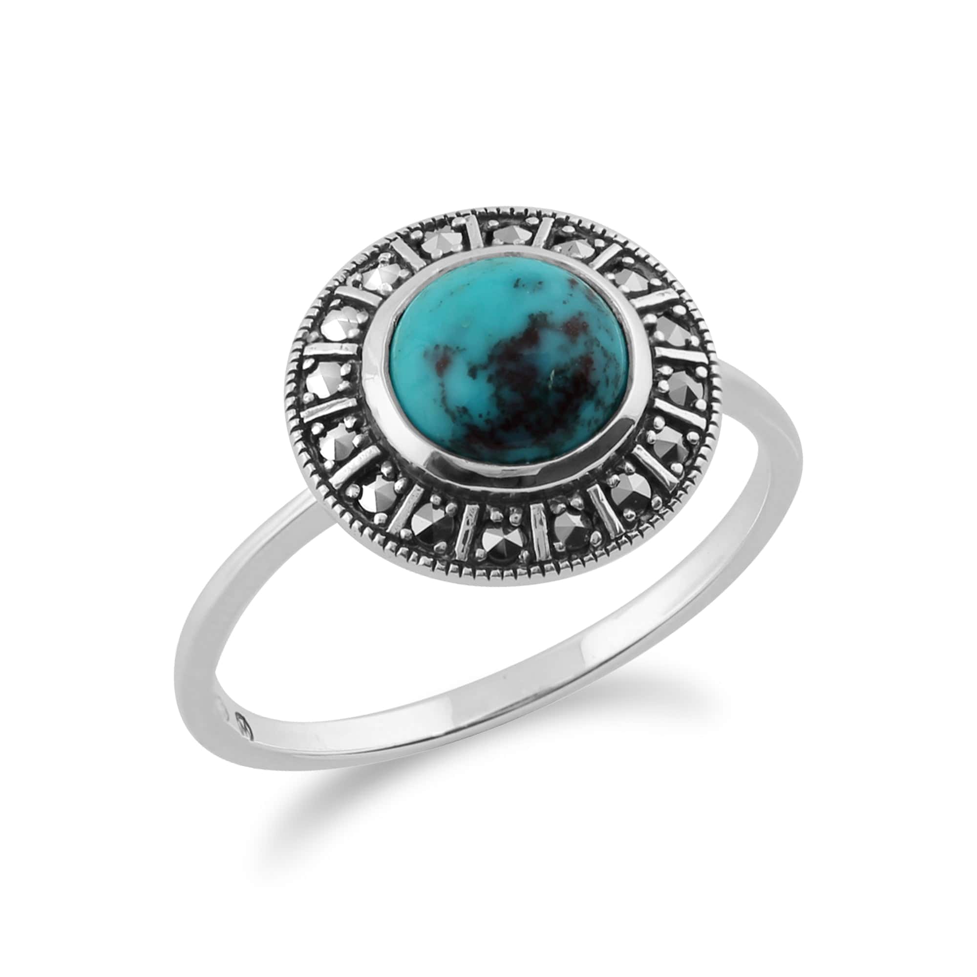 214R513413925 Art Deco Style Round Turquoise Cabochon & Marcasite Halo Ring in 925 Sterling Silver 2