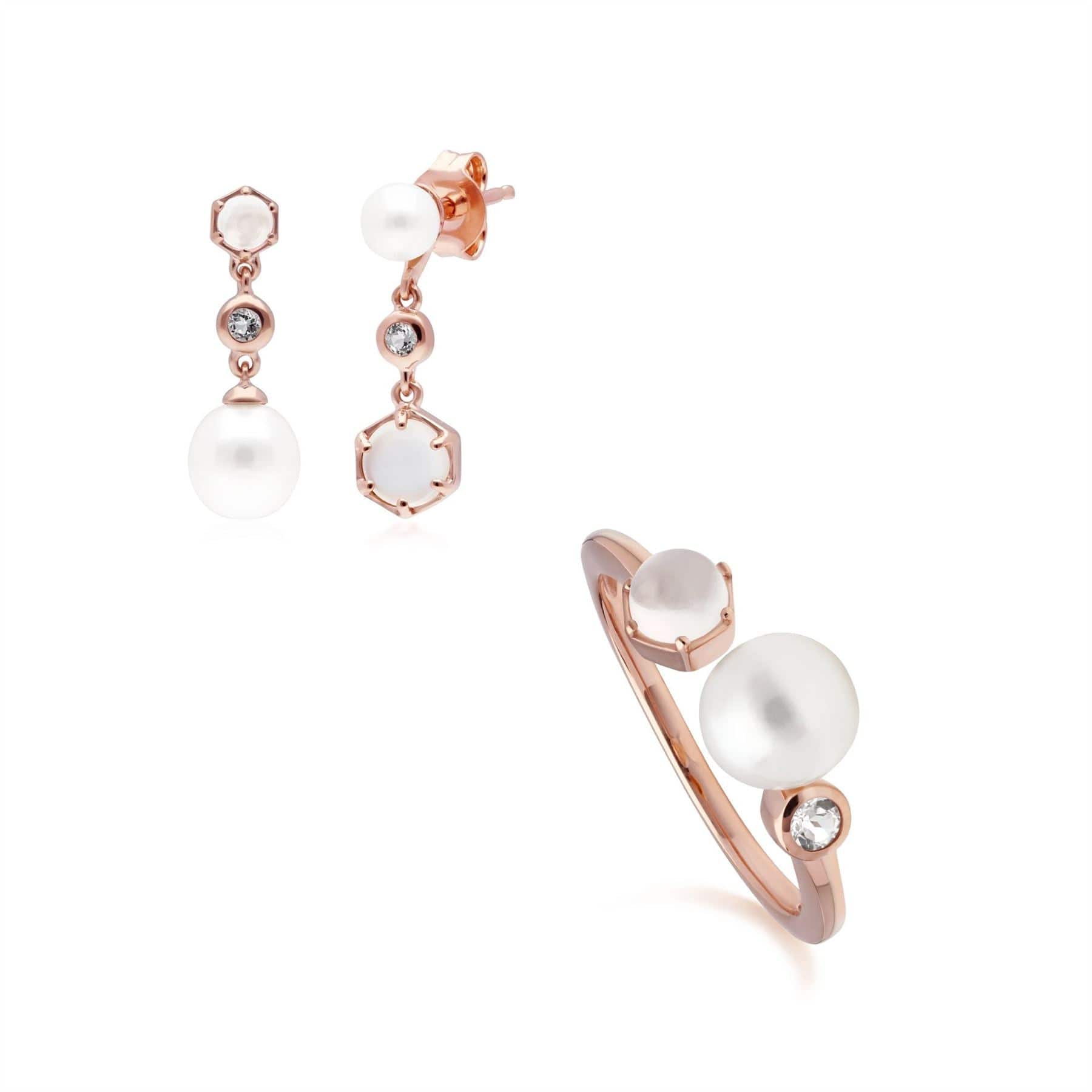 270E030902925-270R059302925 Modern Pearl, Moonstone & Topaz Earring & Ring Set in Rose Gold Plated Silver 1