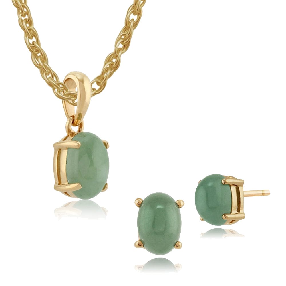 10224-25356 Classic Round Green Jade Single Stone Stud Earrings & Pendant Set in 9ct Yellow Gold 1