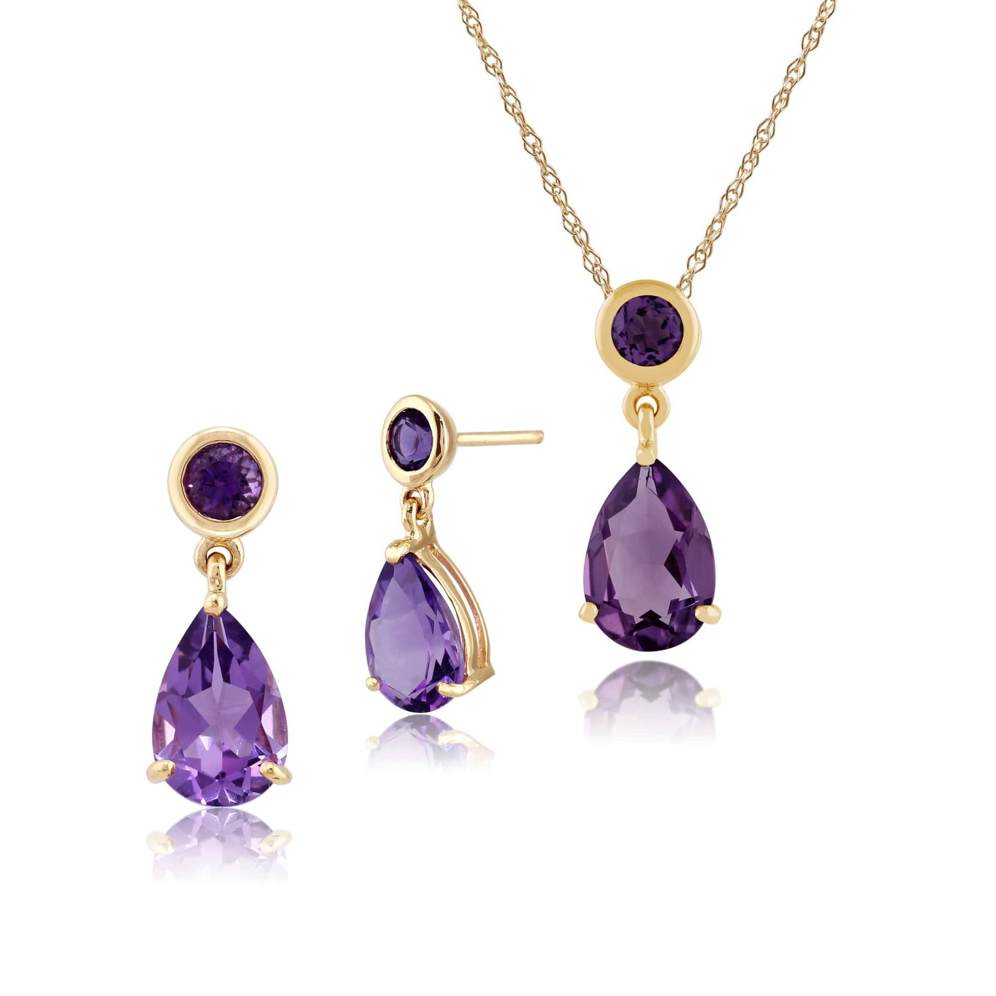 25392-186P0188049 Classic Pear & Round Amethyst Drop Earrings & Pendant Set in 9ct Gold 1