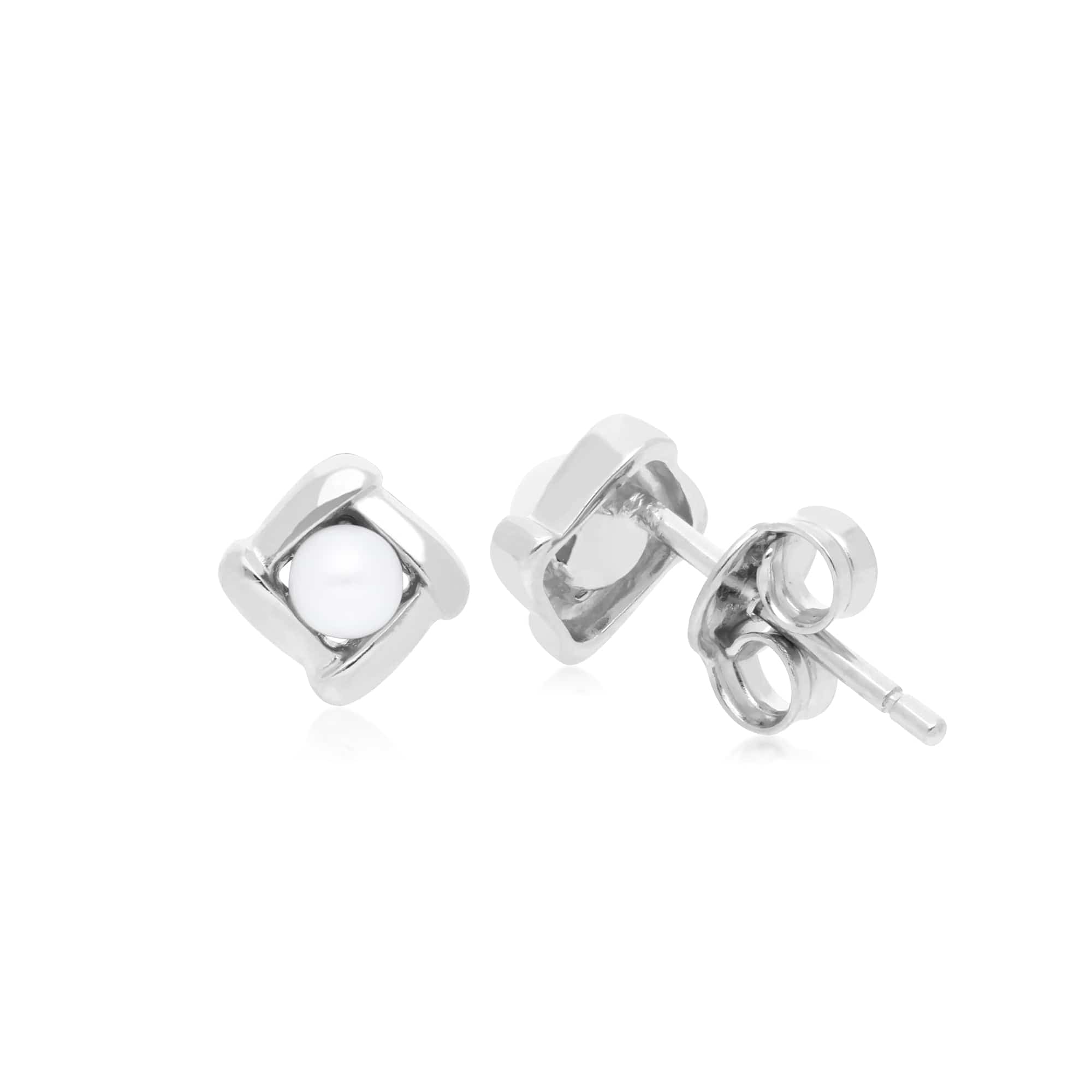253E222101925 Classic Pearl Square Crossover Stud Earrings in 925 Sterling Silver 2