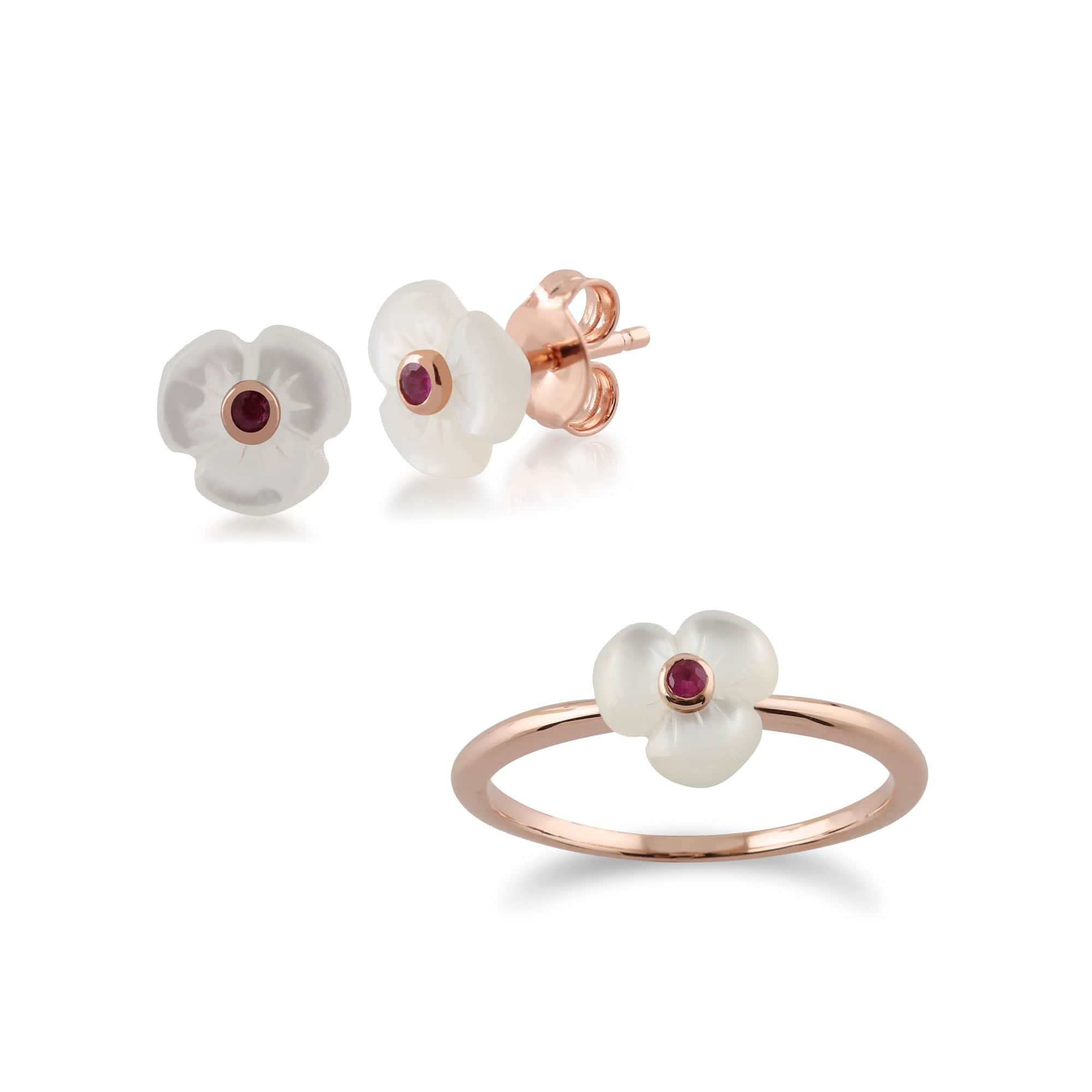 253E224101925-235R517101925 Floral Round Ruby & Mother of Pearl Poppy Stud Earrings & Ring Set in Rose Gold Plated 925 Sterling Silver 1