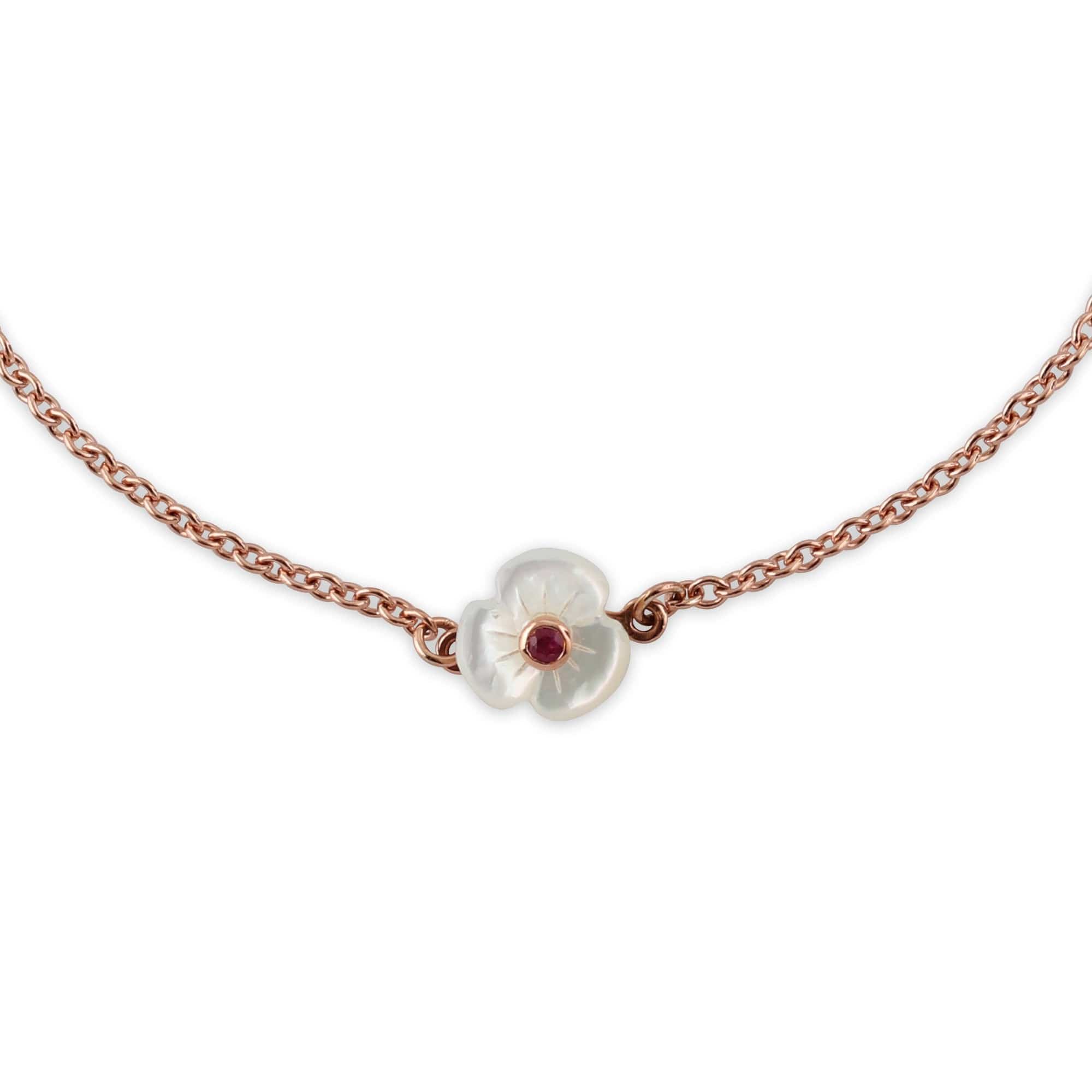 Floral Round Ruby & Mother of Pearl Poppy Bracelet & Ring Set in Rose Gold Plated Silver - Gemondo