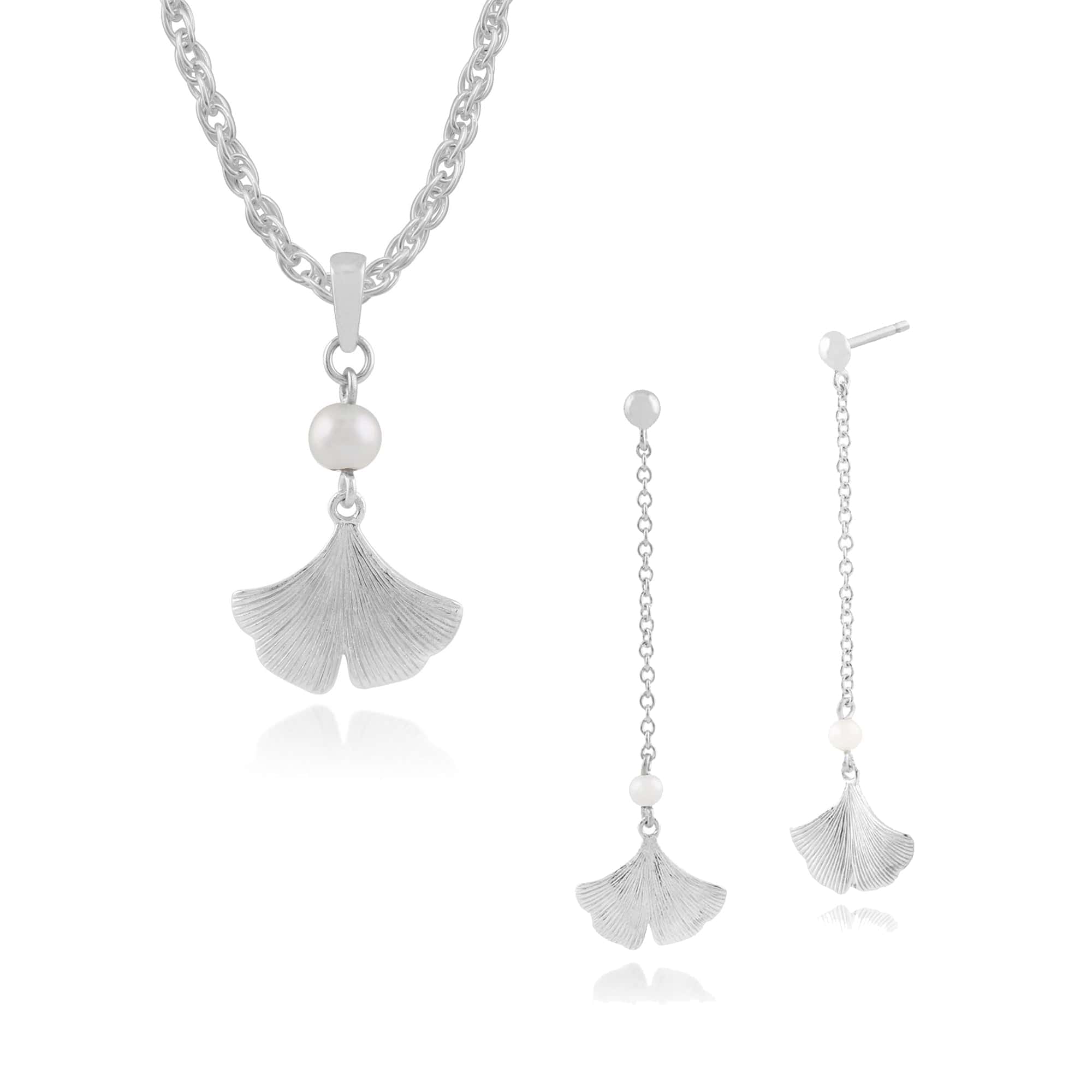 253E192601925-253P234901925 Floral Round Pearl Ginkgo Leaf Drop Earrings & Pendant Set in 925 Sterling Silver 1