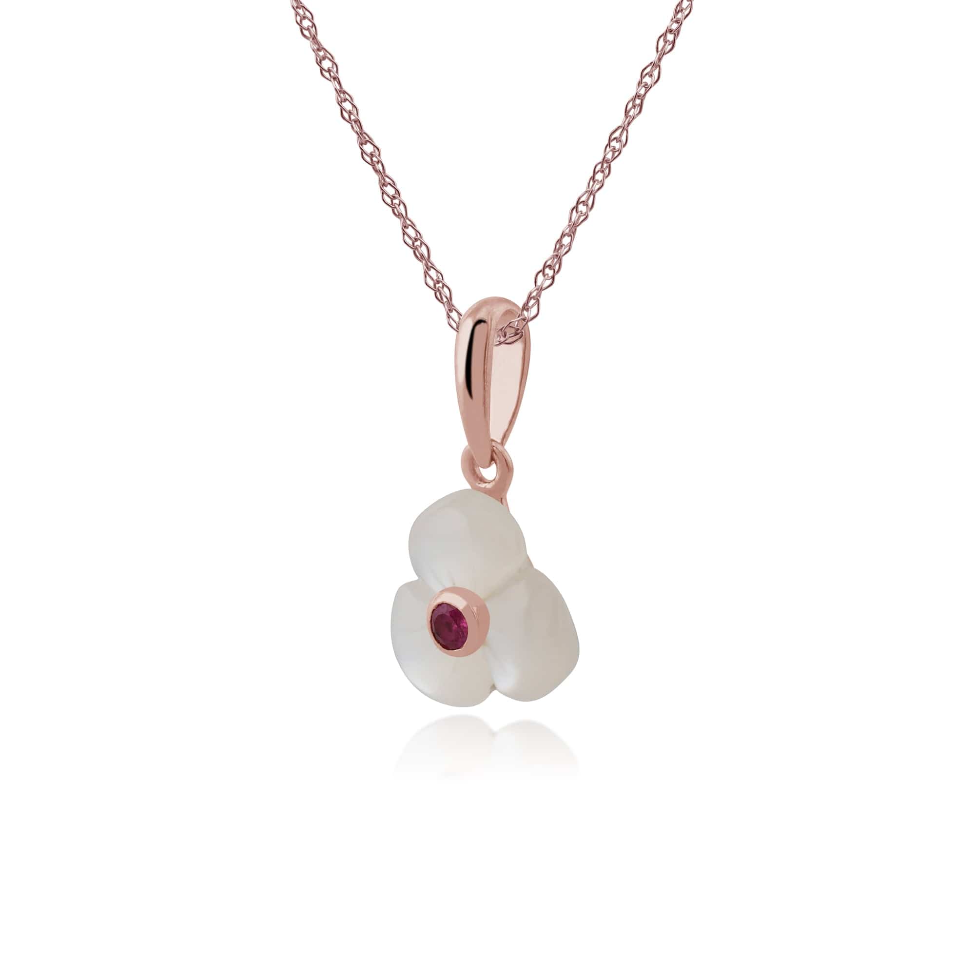 253P247201925 Floral Mother of Pearl & Round Ruby Poppy Pendant in Rose Gold Plated 925 Sterling Silver 2
